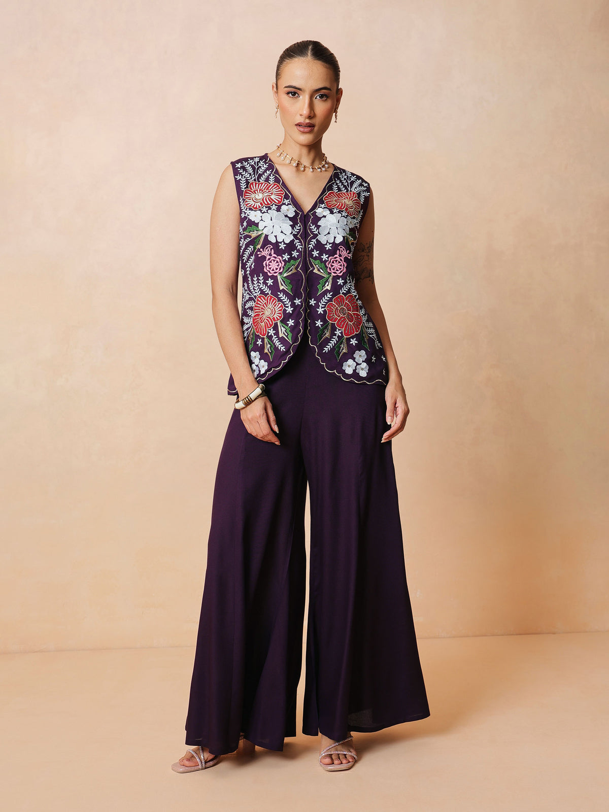 Purple Embroidered Top With Palazzo Pants -Shae by SASSAFRAS