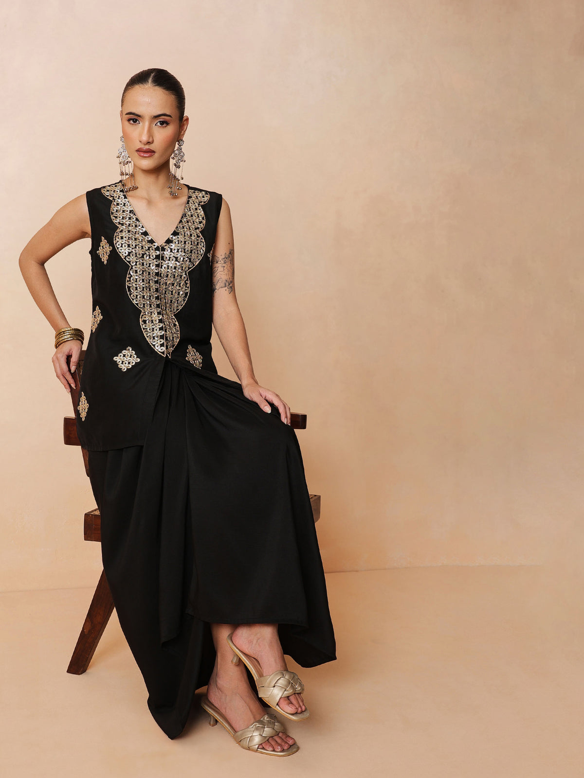 Black Embroidered Sleeveless Top With Dhoti Skirt -Shae by SASSAFRAS