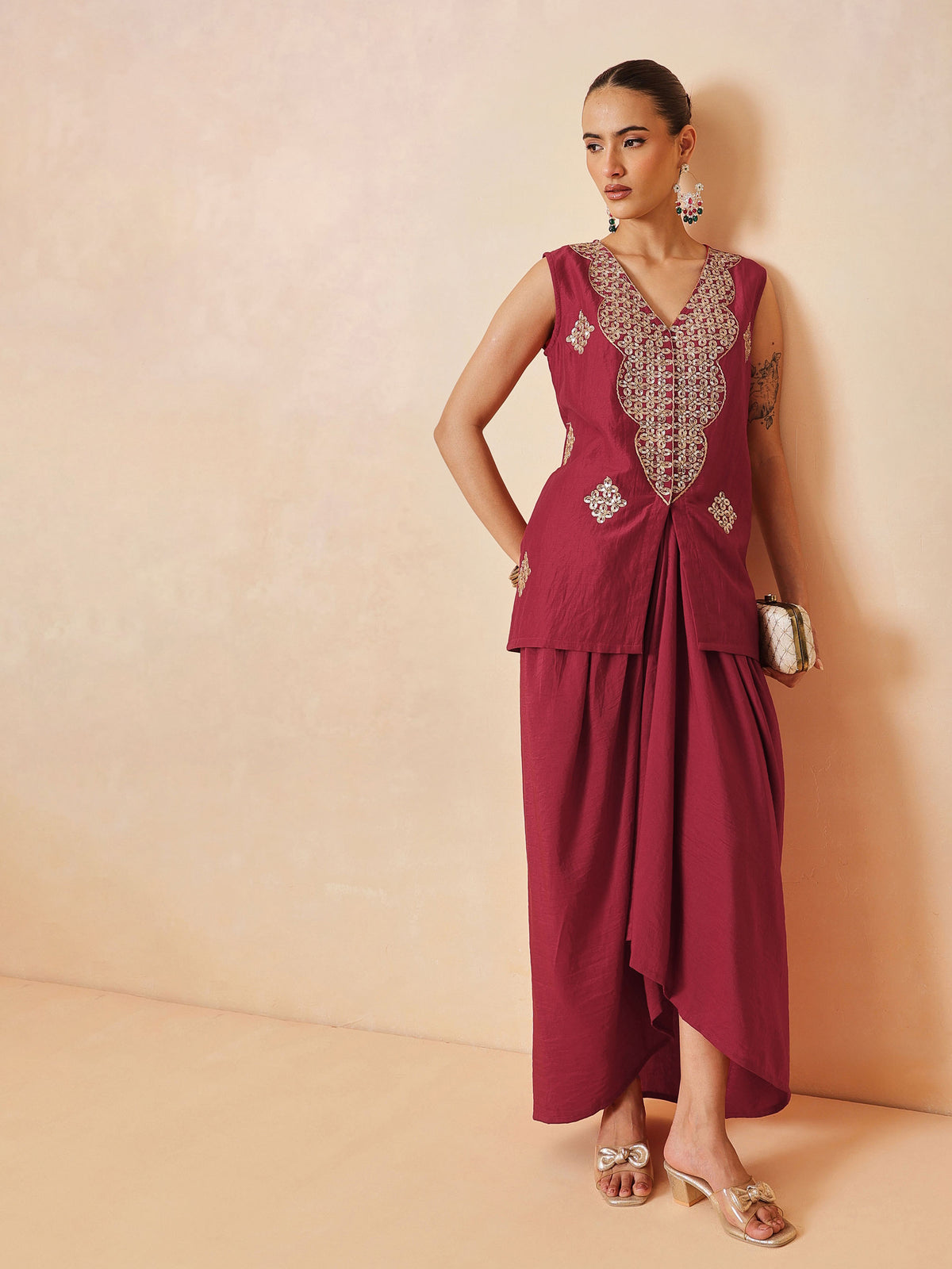 Maroon Embroidered Sleeveless Top With Dhoti Skirt -Shae by SASSAFRAS