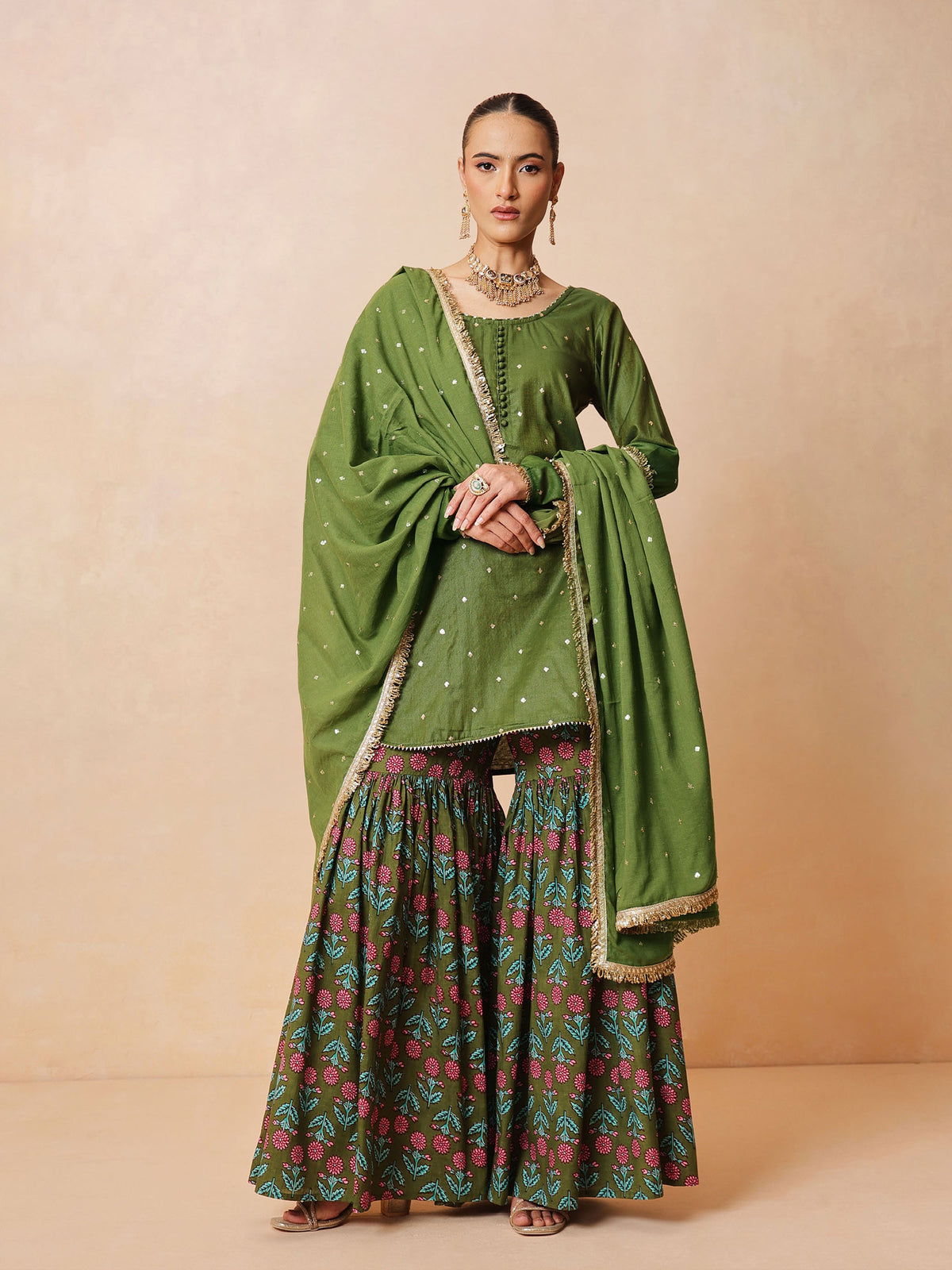 Olive Embroidered Short Kurta With Sharara Pants & Dupatta-Luxe - Shae by SASSAFRAS