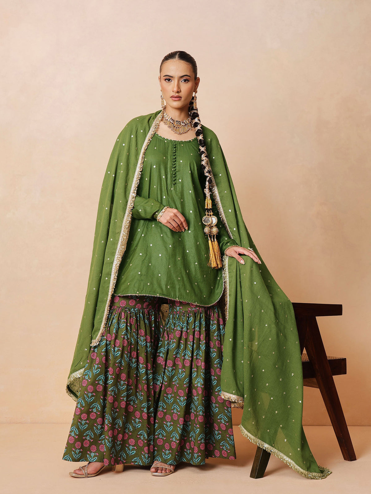 Olive Embroidered Short Kurta With Sharara Pants & Dupatta-Luxe - Shae by SASSAFRAS