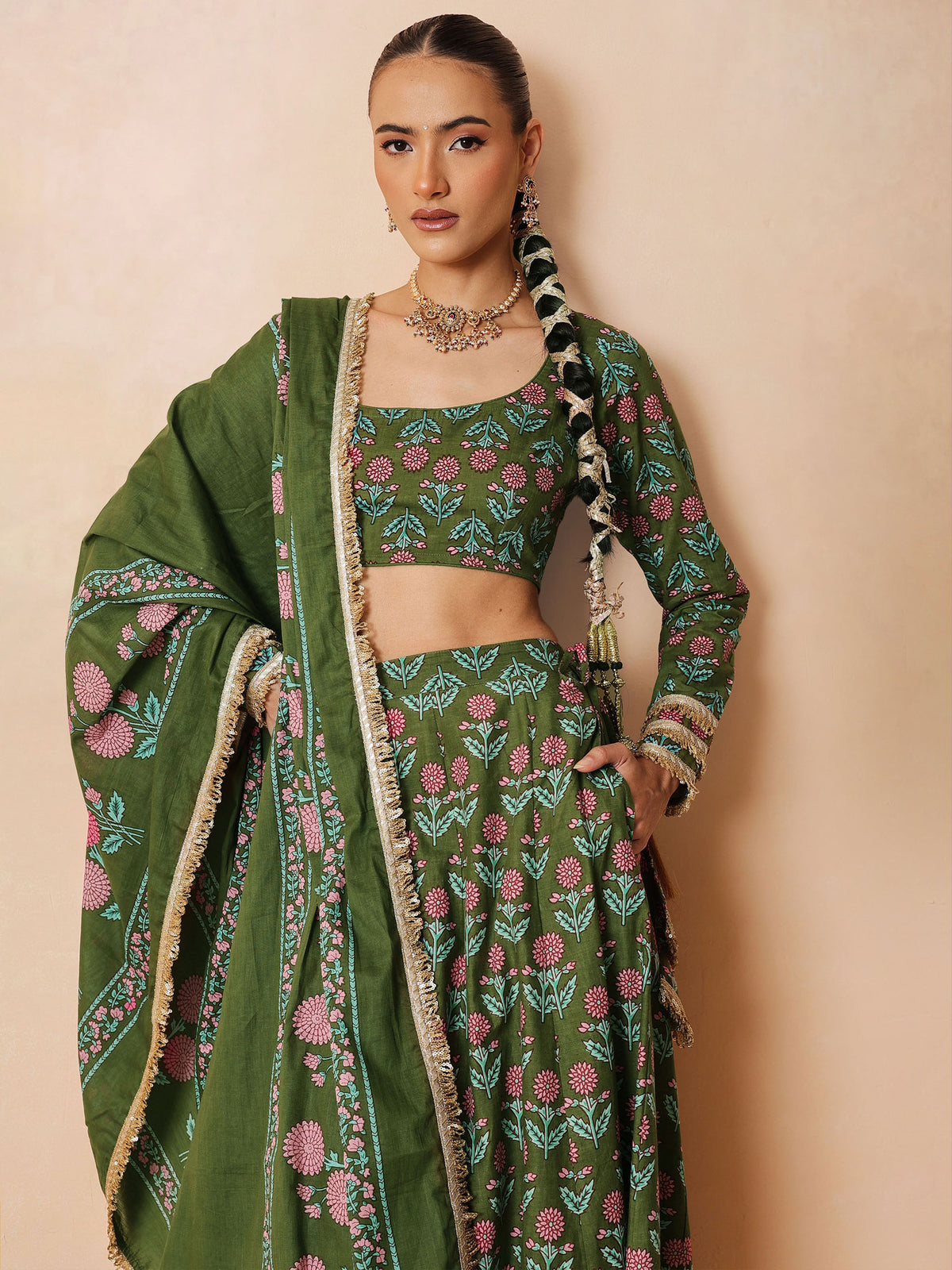 Olive Floral Round Neck Crop Top With Anarkali Skirt & Dupatta-Luxe - Shae by SASSAFRAS