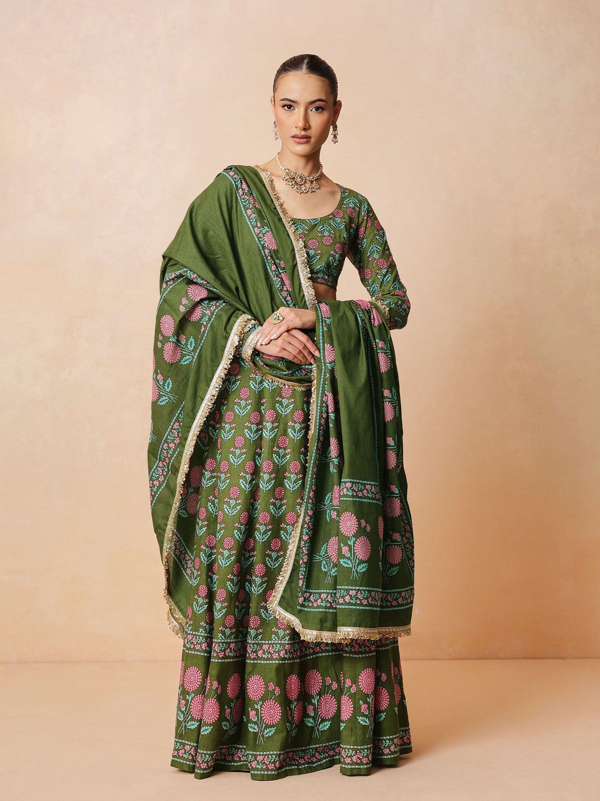 Olive Floral Round Neck Crop Top With Anarkali Skirt & Dupatta-Luxe - Shae by SASSAFRAS