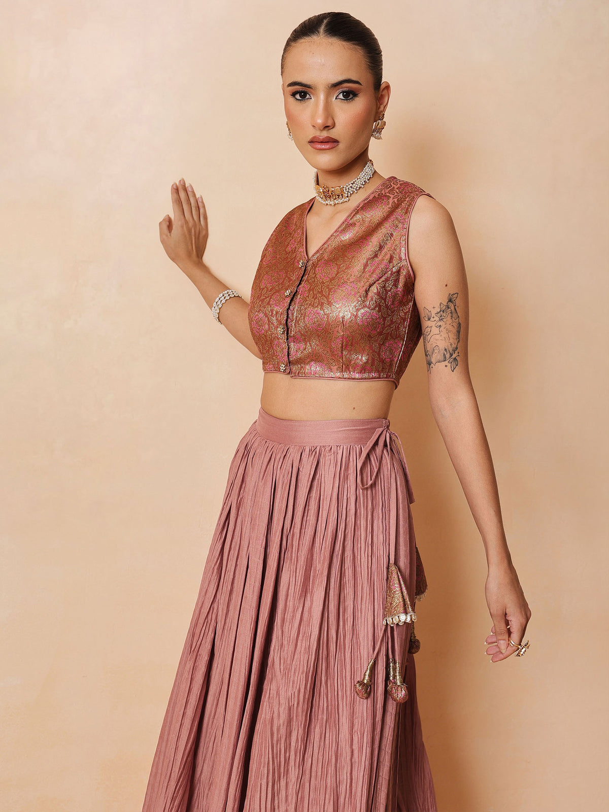 Women Onion Pink Brocade Sleeveless Crop Top With Pleated Skirt