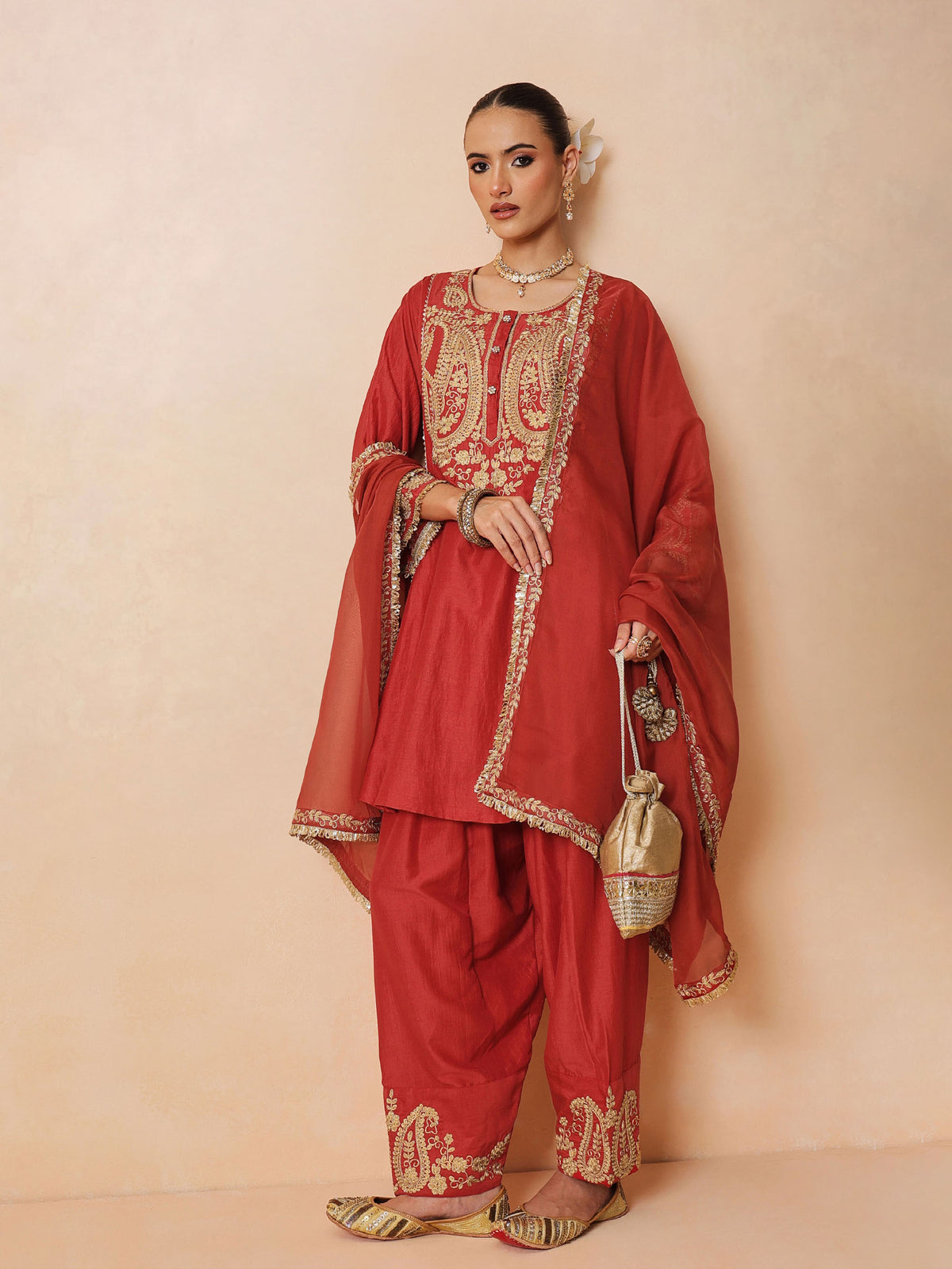 Maroon Embroidered Choga Kurta With Farshi Salwar & Dupatta-Luxe - Shae by SASSAFRAS