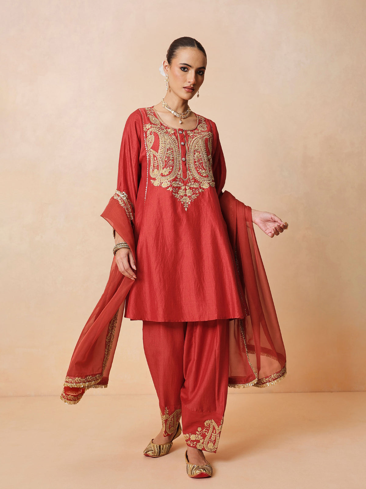 Maroon Embroidered Choga Kurta With Farshi Salwar & Dupatta-Luxe - Shae by SASSAFRAS