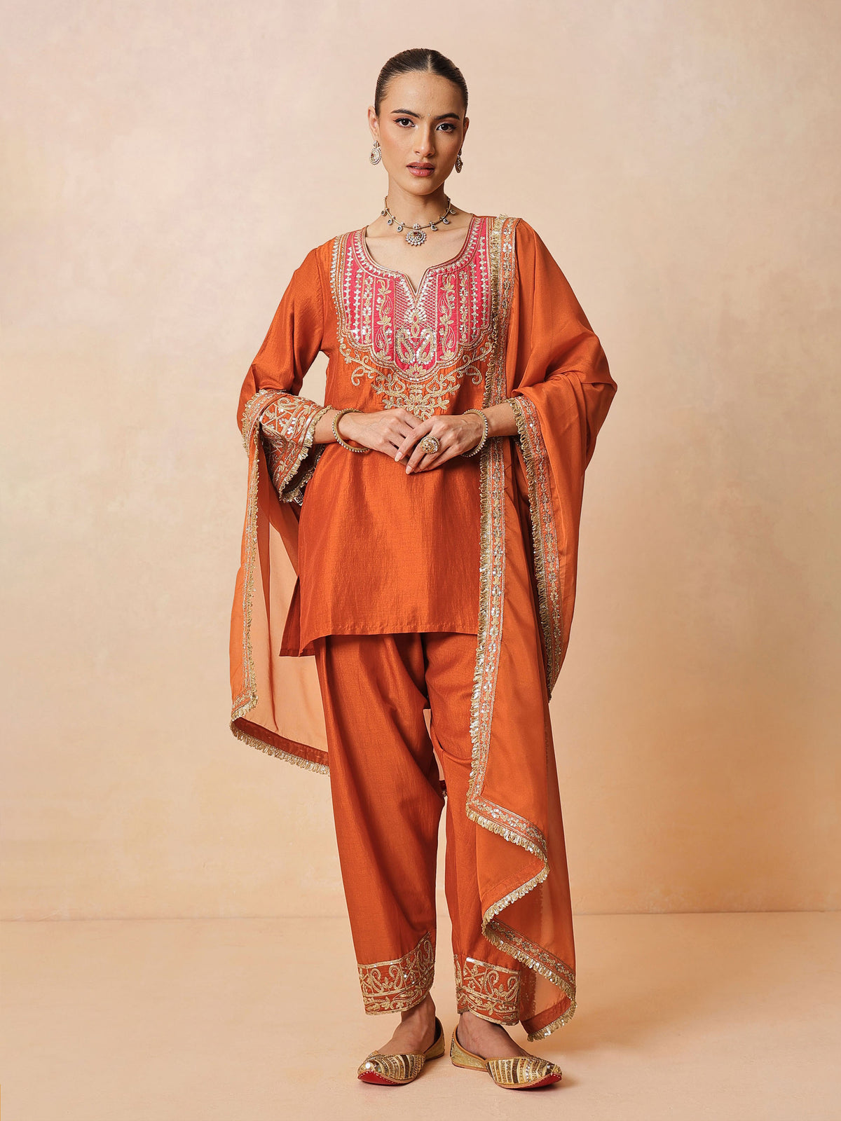 Orange Embroidered Short Kurta With Farshi Salwar & Dupatta-Luxe - Shae by SASSAFRAS
