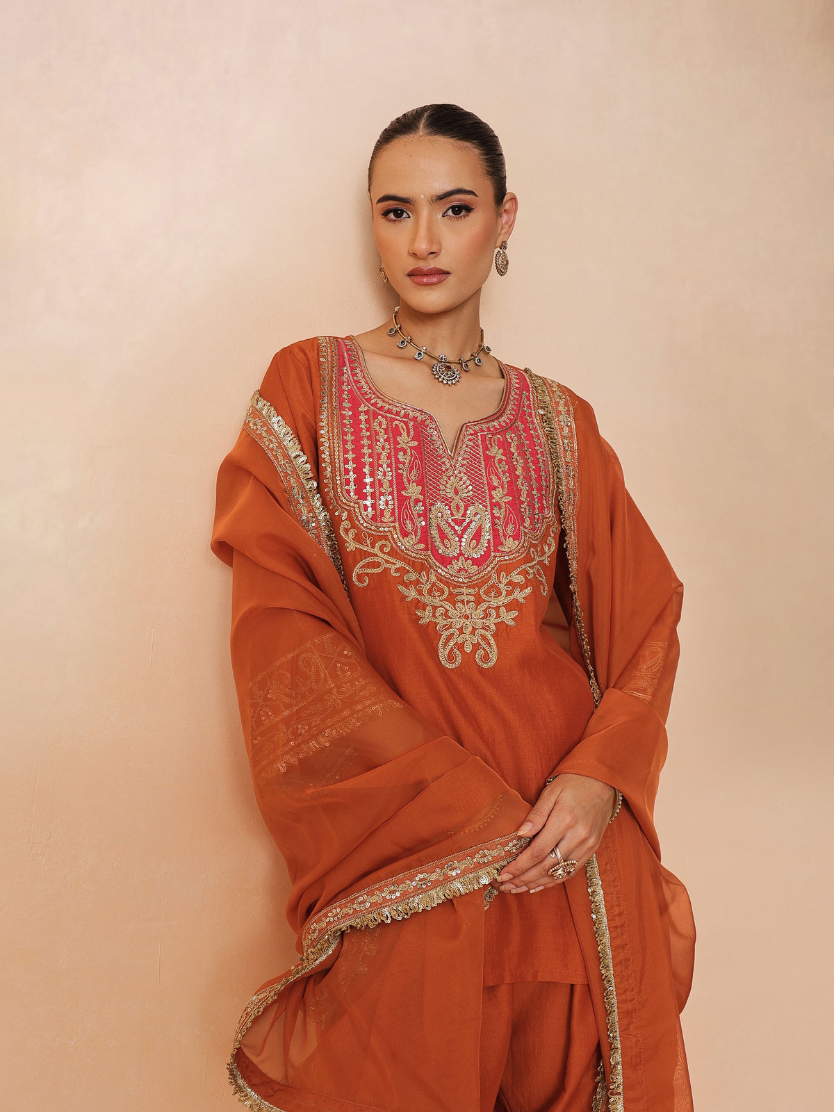 Orange Embroidered Short Kurta With Farshi Salwar & Dupatta-Luxe - Shae by SASSAFRAS