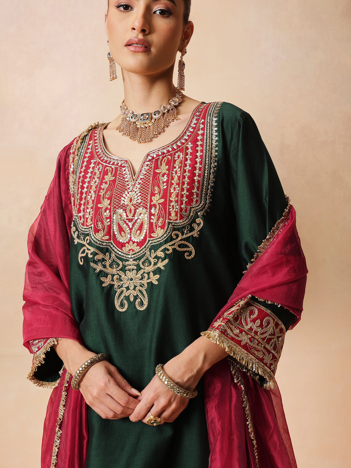Green Embroidered Short Kurta With Farshi Salwar & Dupatta-Luxe - Shae by SASSAFRAS