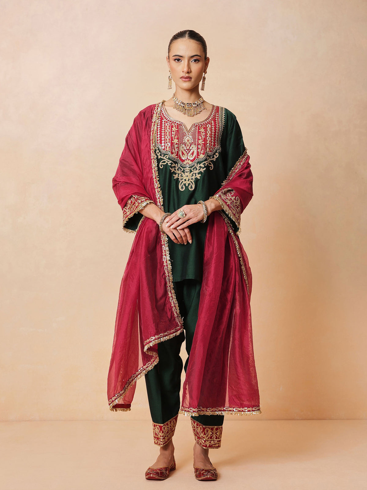 Green Embroidered Short Kurta With Farshi Salwar & Dupatta-Luxe - Shae by SASSAFRAS