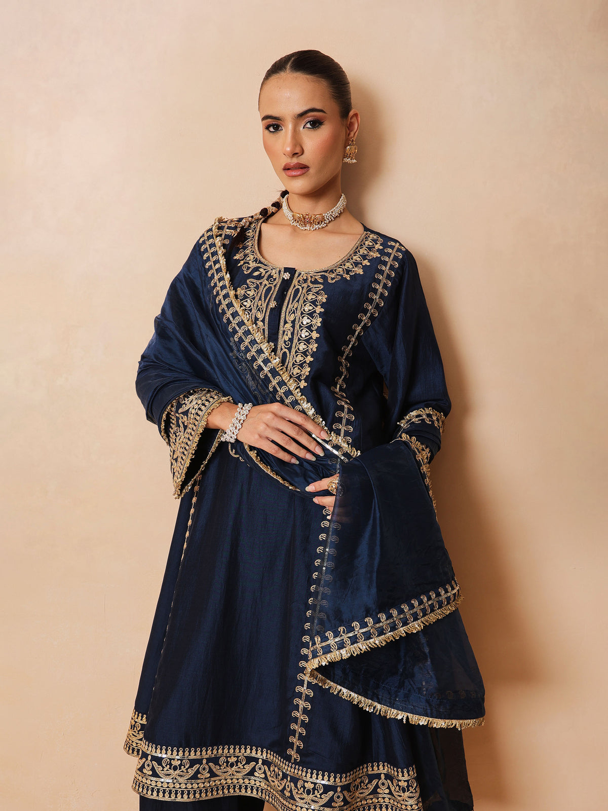 Navy Embroidered Choga Kurta With Straight Pant & Dupatta-Luxe - Shae by SASSAFRAS