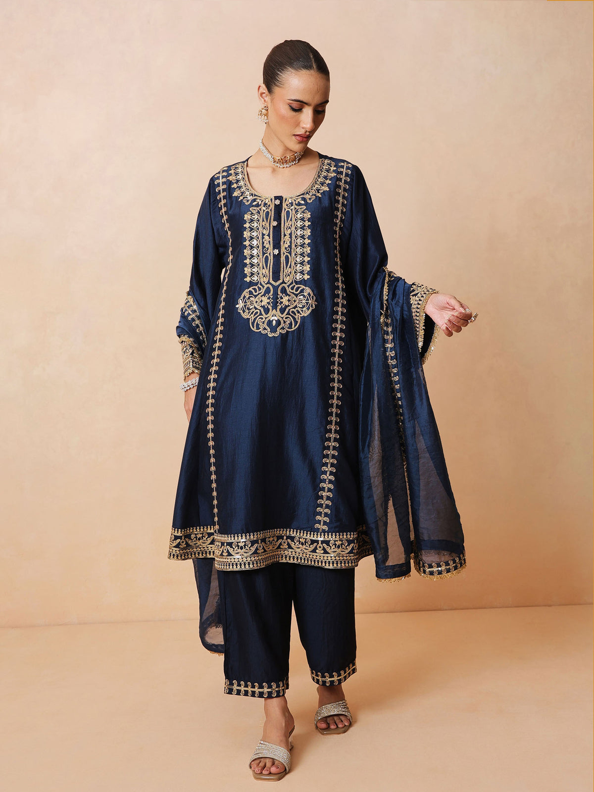 Navy Embroidered Choga Kurta With Straight Pant & Dupatta-Luxe - Shae by SASSAFRAS
