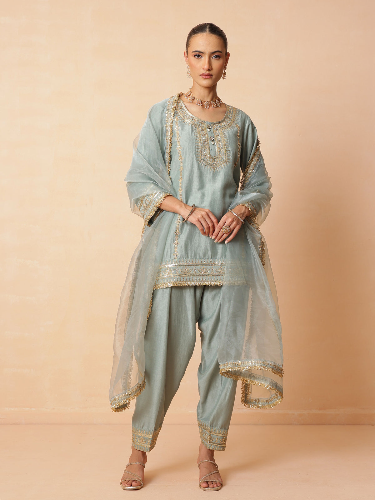 Pista Green Embroidered Short Kurta With Farshi Salwar & Dupatta-Luxe - Shae by SASSAFRAS