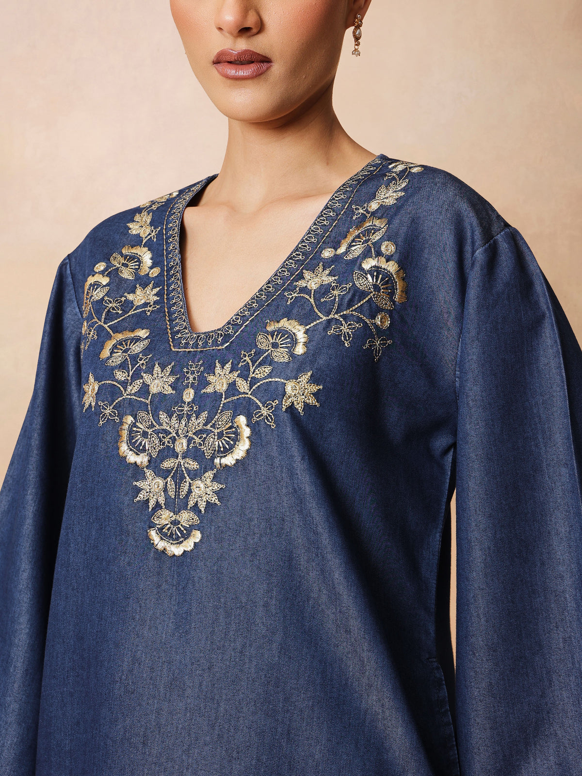 Navy Glass Neck Embroidered Short Kurta With Straight Pants -Shae by SASSAFRAS