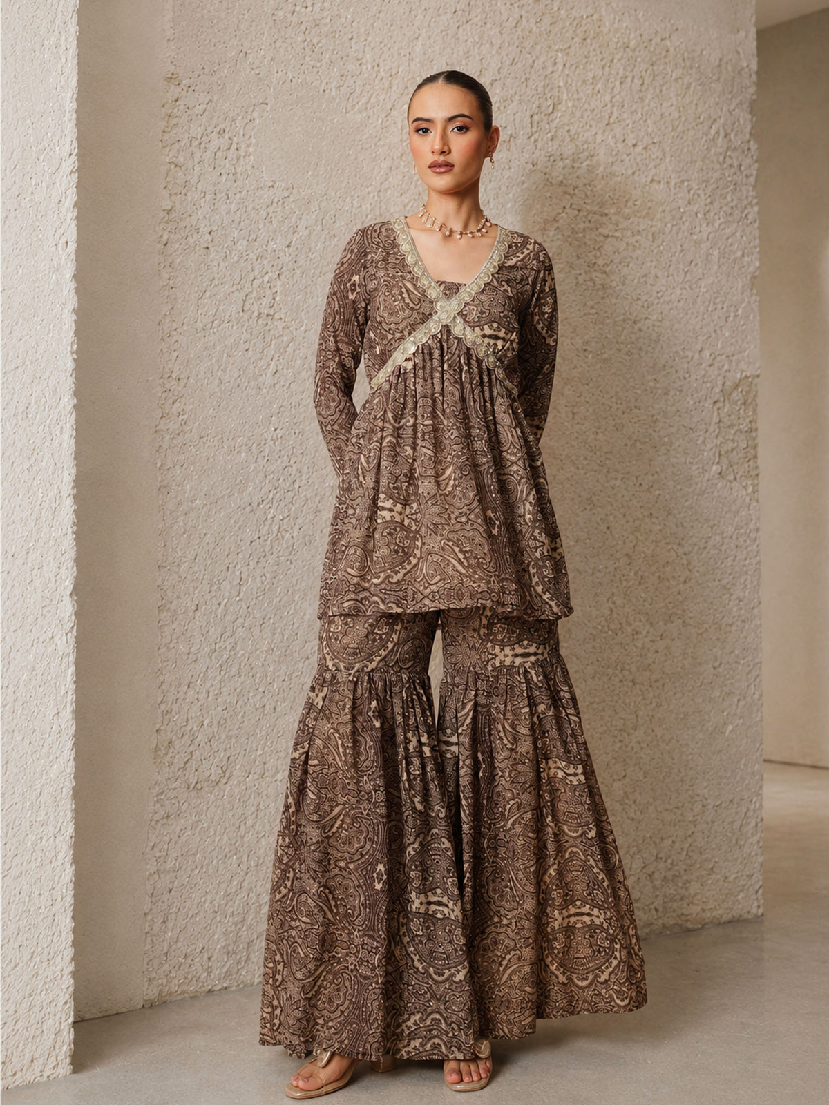 Brown & Beige Peplum Top With Sharara Pants -Shae by SASSAFRAS