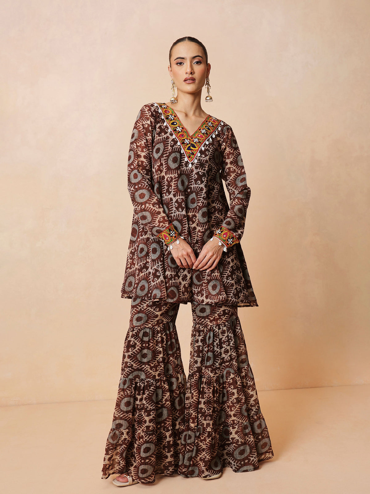Brown & Beige Ikat Print A Line Kurti With Sharara Pants-Shae by SASSAFRAS