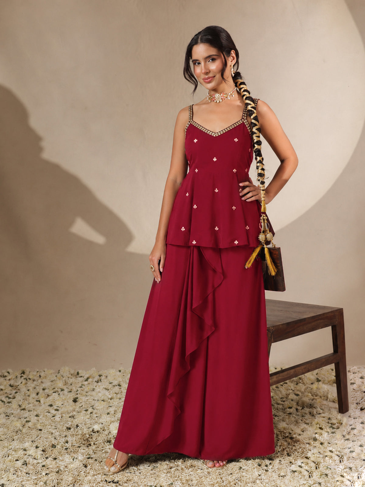 Red Embroidered Strappy Top With Dhoti Skirt -Shae by SASSAFRAS