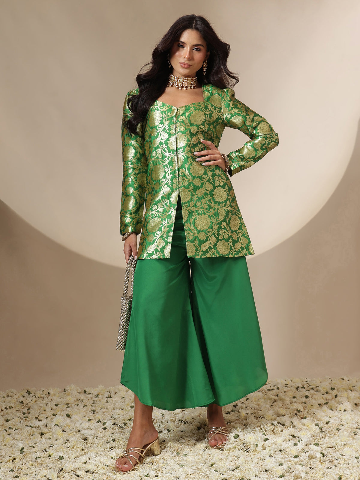 Green Brocade Full Sleeves Top With Flared Pants-Shae by SASSAFRAS