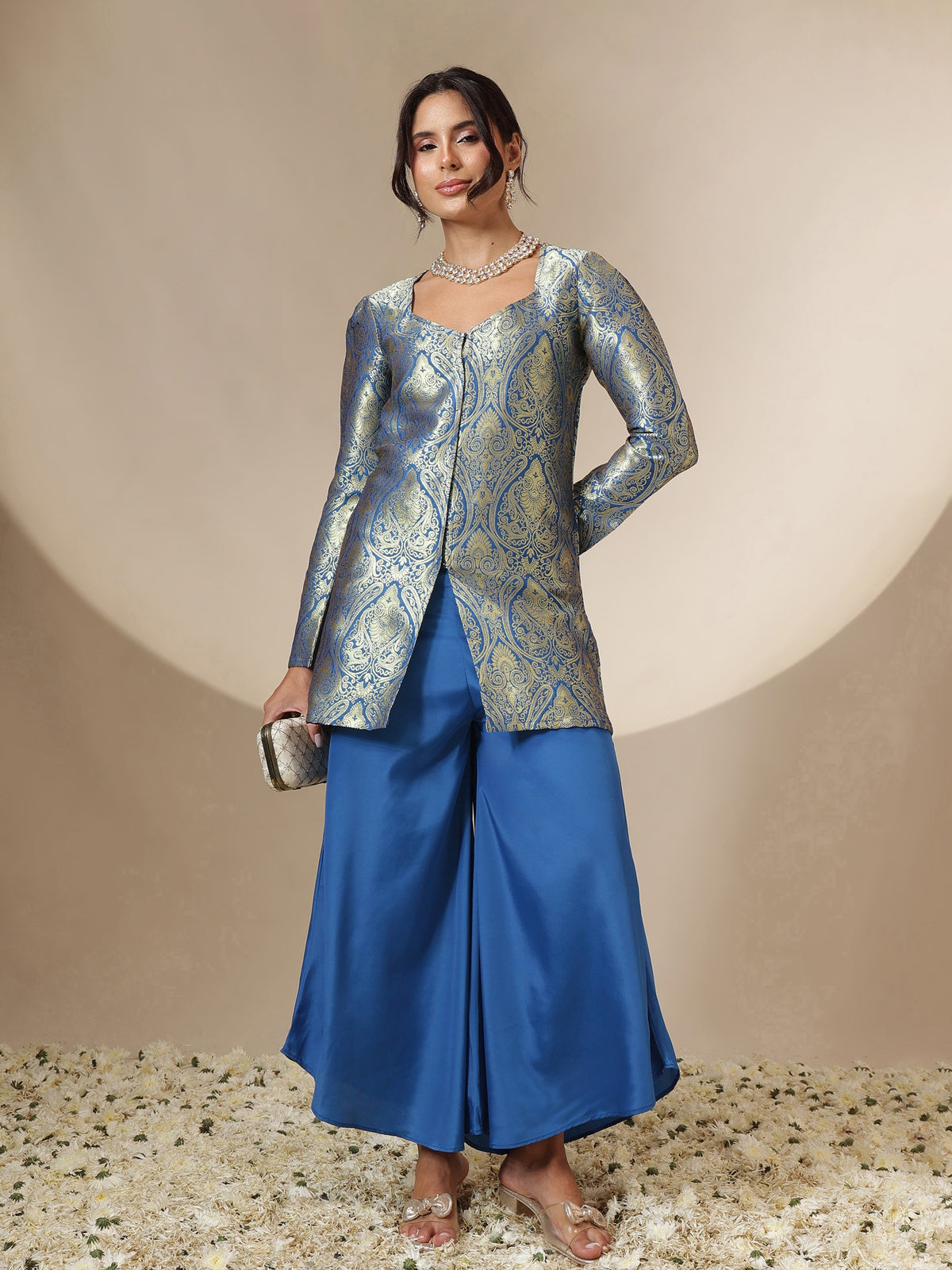 Royal Blue Brocade Full Sleeves Top With Flared Pants-Shae by SASSAFRAS