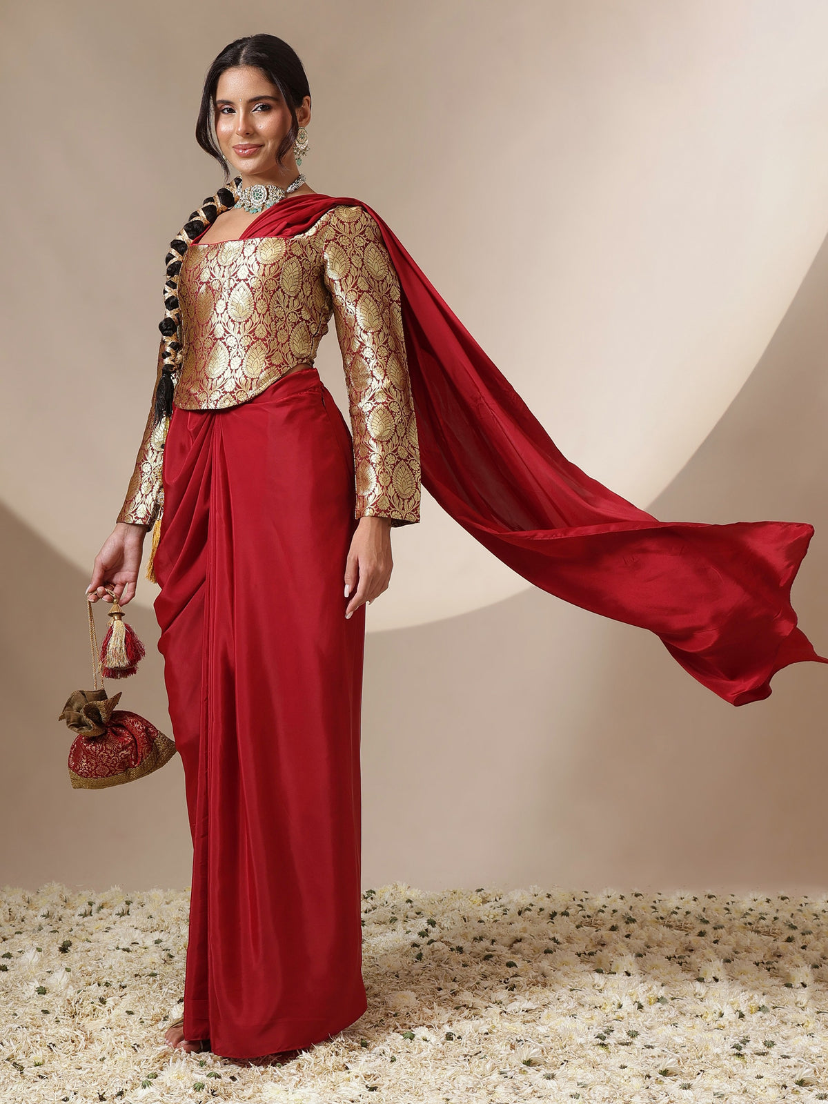 Maroon Brocade Corset Top With Drape Skirt Saree-Shae by SASSAFRAS
