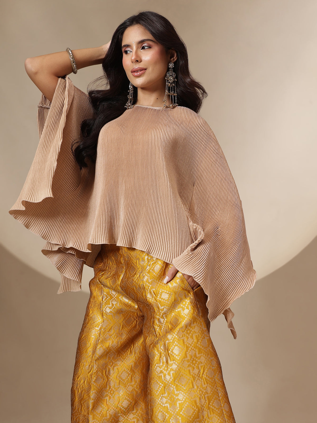 Yellow Brocade Pleating Kaftan Top With Palazzos-Shae by SASSAFRAS