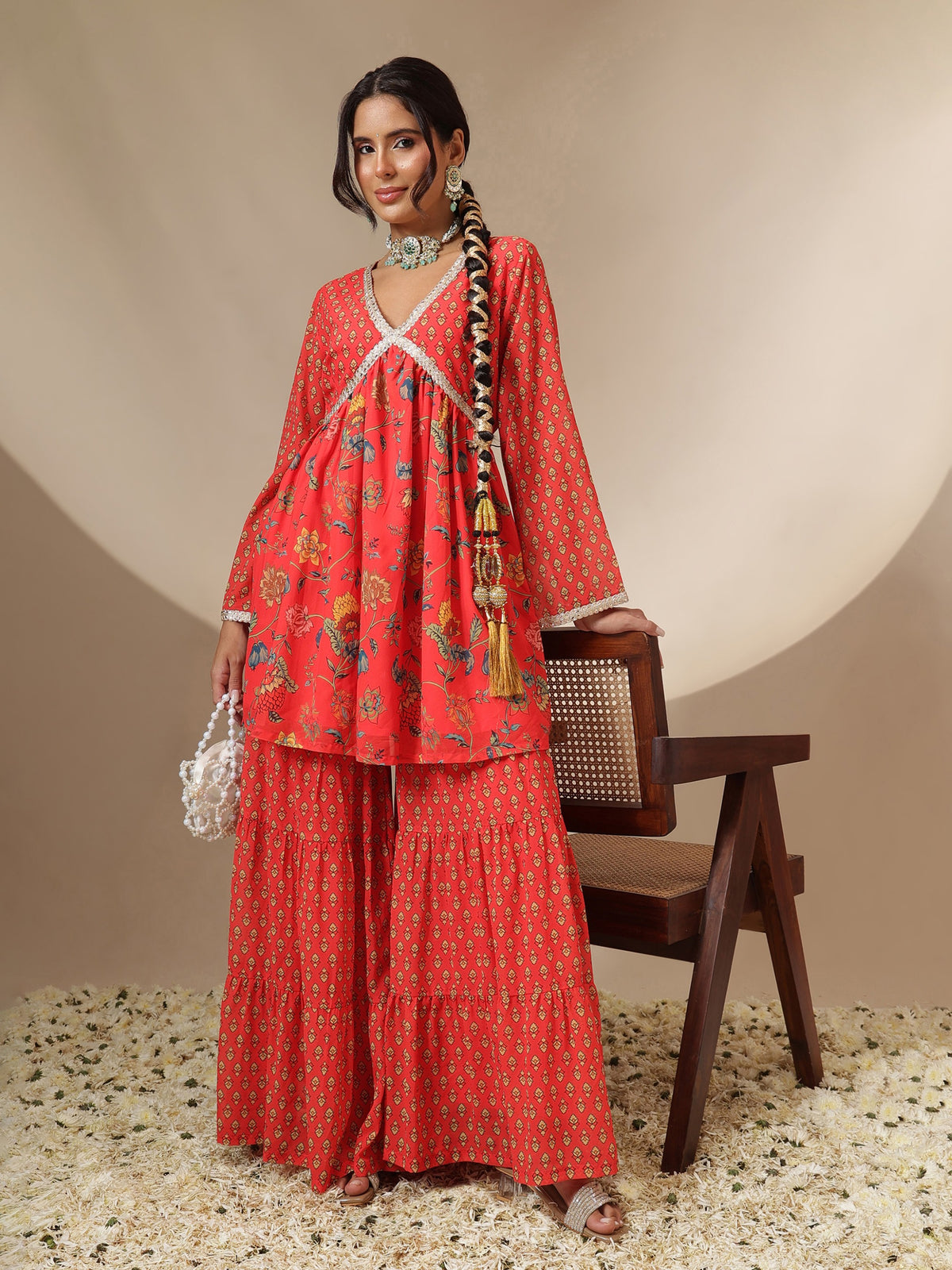 Red Floral Peplum Top With Sharara Pants -Shae by SASSAFRAS