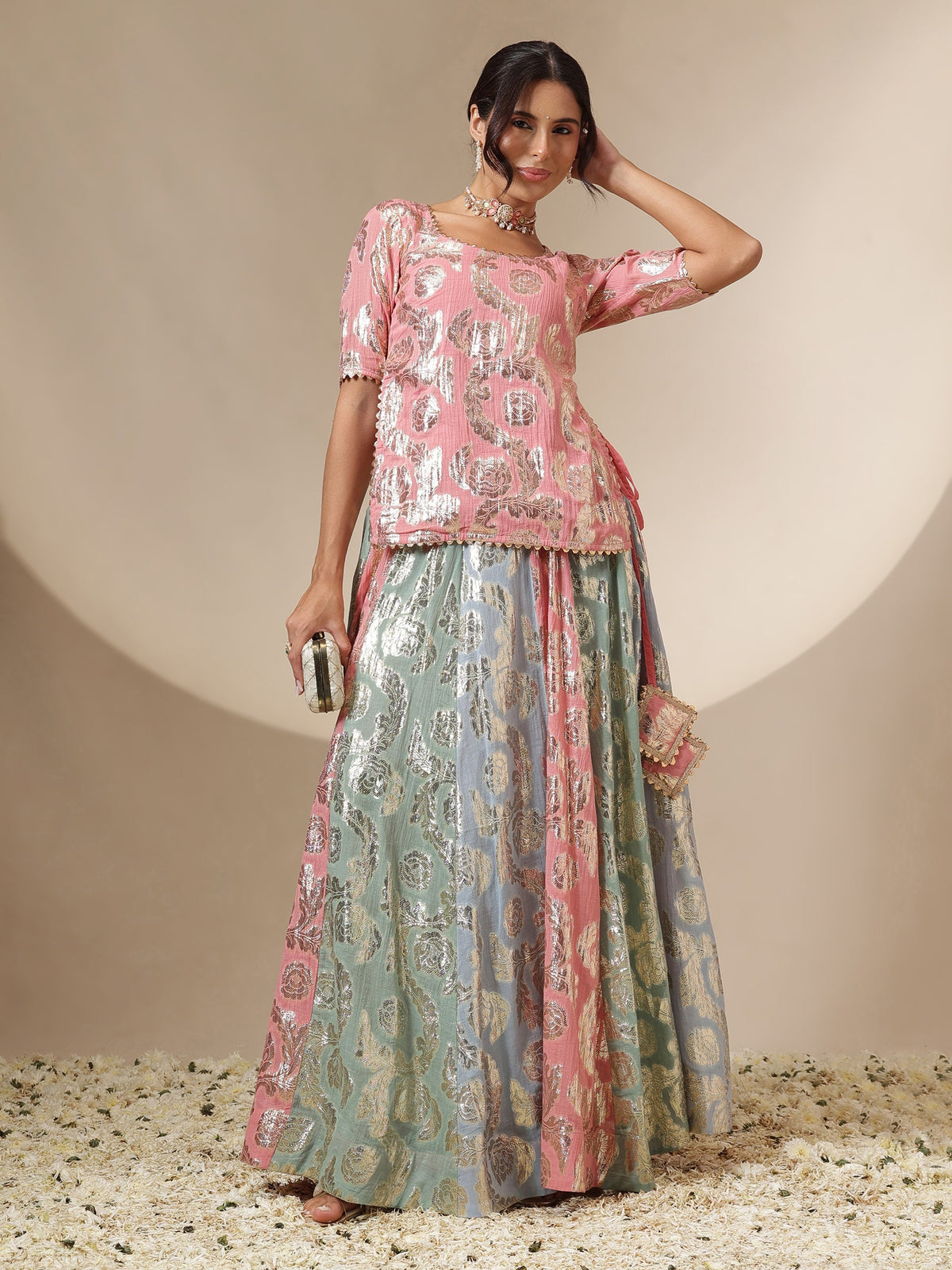 Pink Multi Colour Short Sleeves Top With Anarkali Skirt -Shae by SASSAFRAS