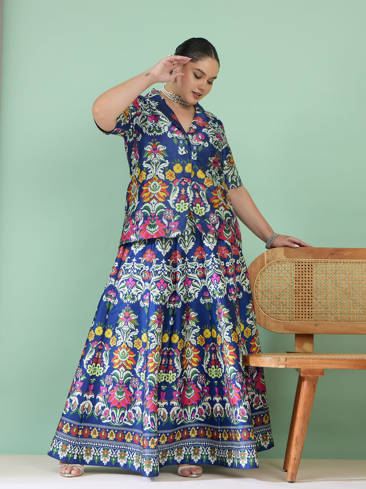 Navy Floral Anarkali Skirt With Short Sleeves Blazer-Shae by SASSAFRAS