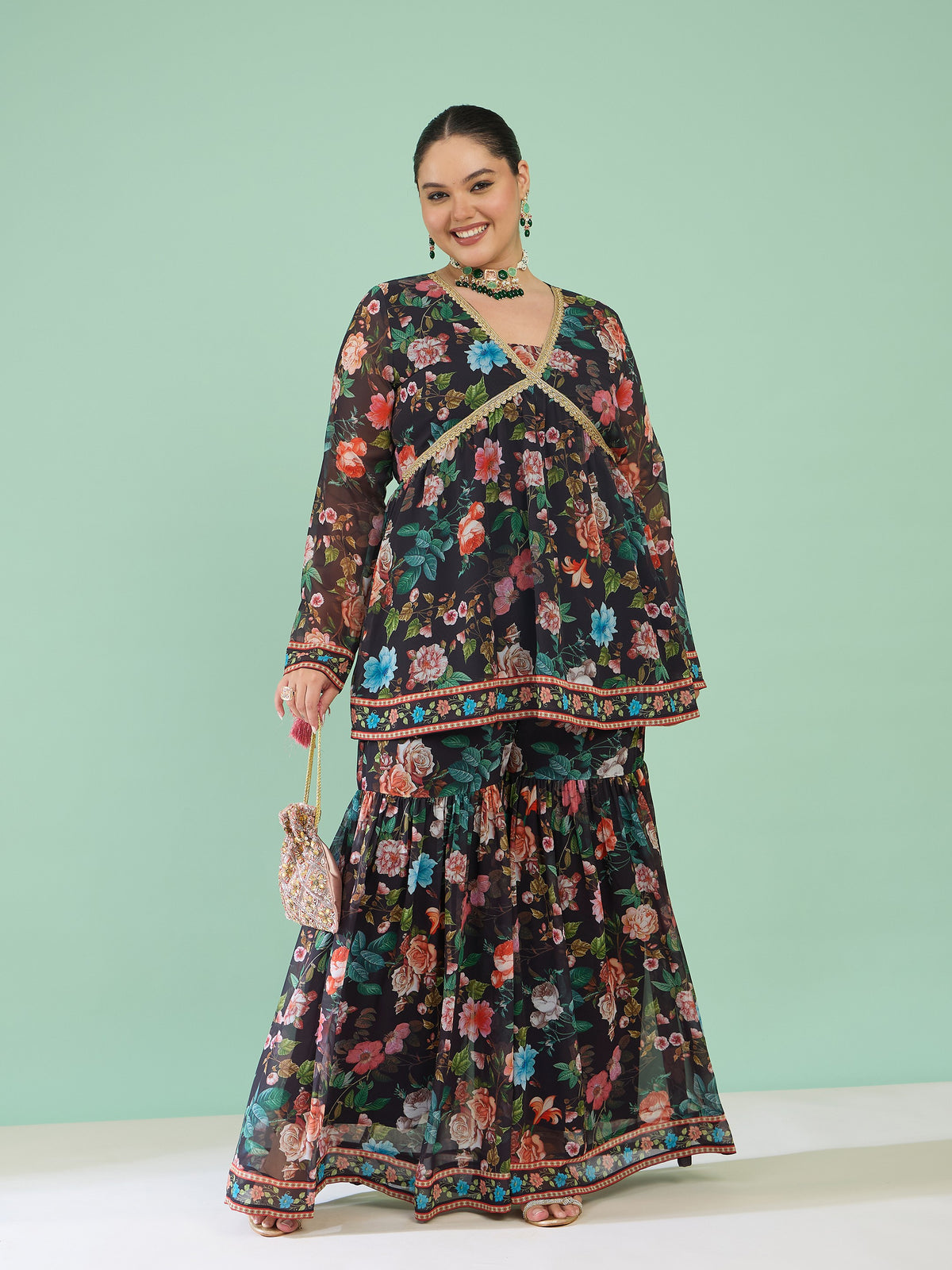 Black Floral Peplum Top With Sharara Pants -Shae by SASSAFRAS