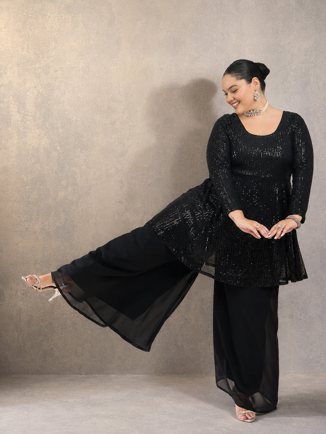 Black Sequin Full Sleeves Peplum Top With Flared Pants -Shae by SASSAFRAS
