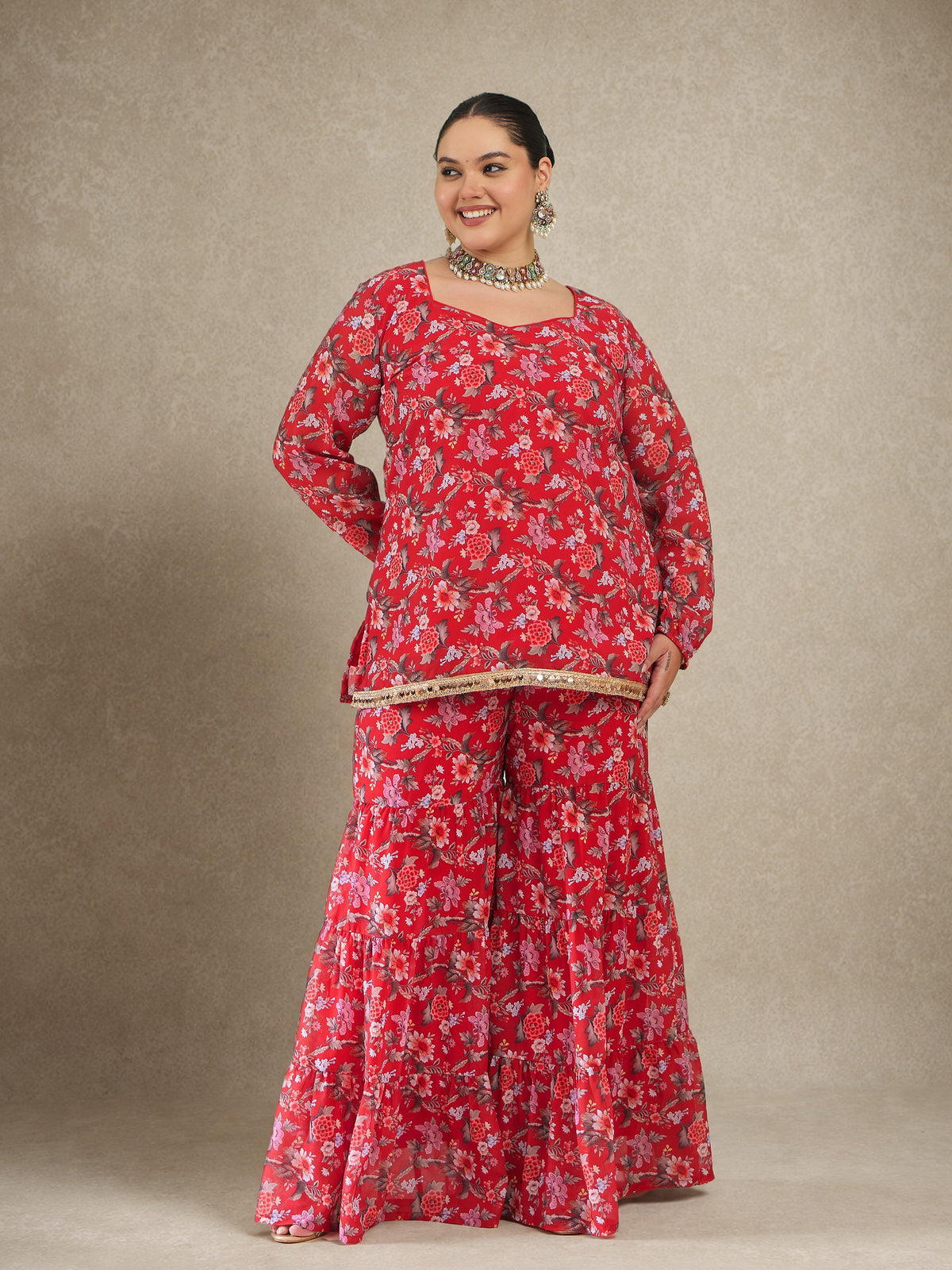 Red Floral Full Sleeves Short Kurta With Tiered Sharara-Shae by SASSAFRAS
