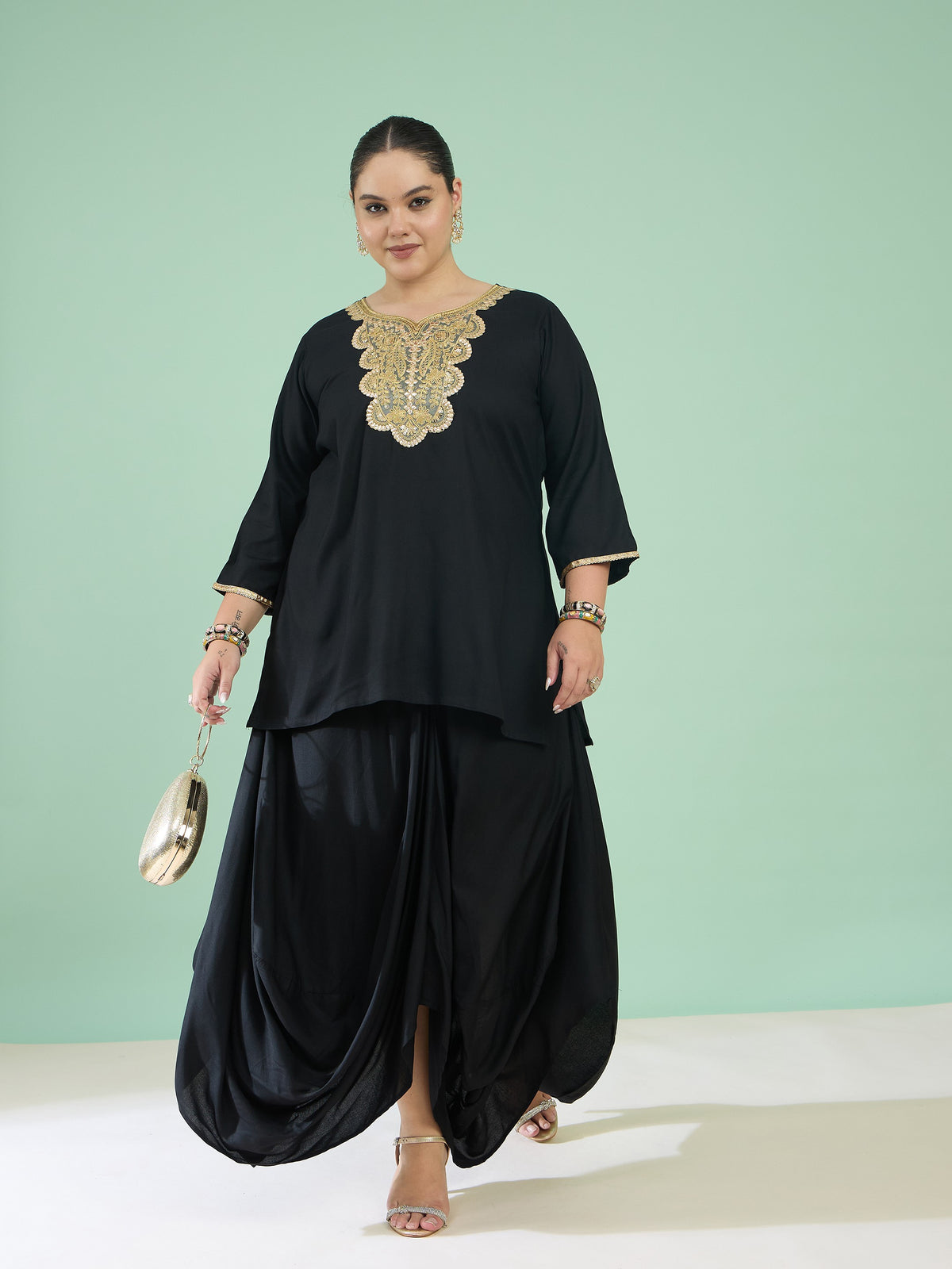 Black Embroidered Short Rayon Kurta With Dhoti Skirt-Shae by SASSAFRAS
