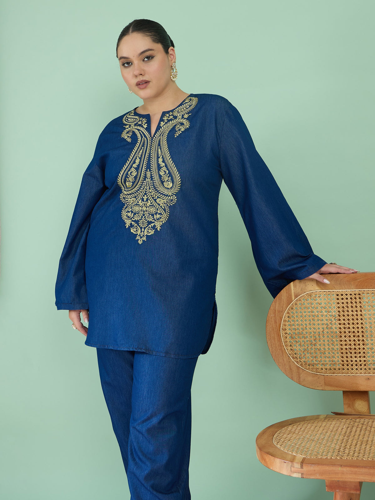 Navy Tencel Neck Embroidered Short Kurta With Pants -Shae by SASSAFRAS