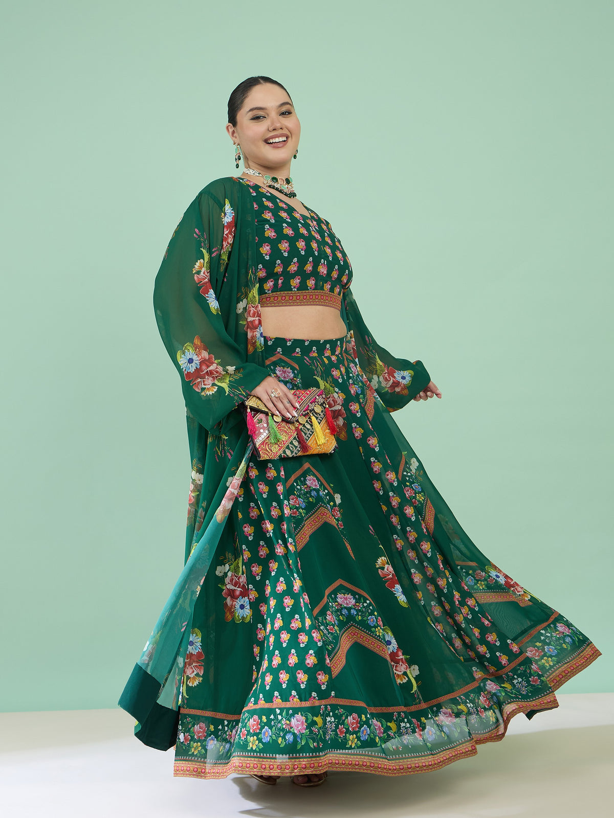 Green Floral Crop Top With Anarkali Skirt & Shrug -Shae by SASSAFRAS