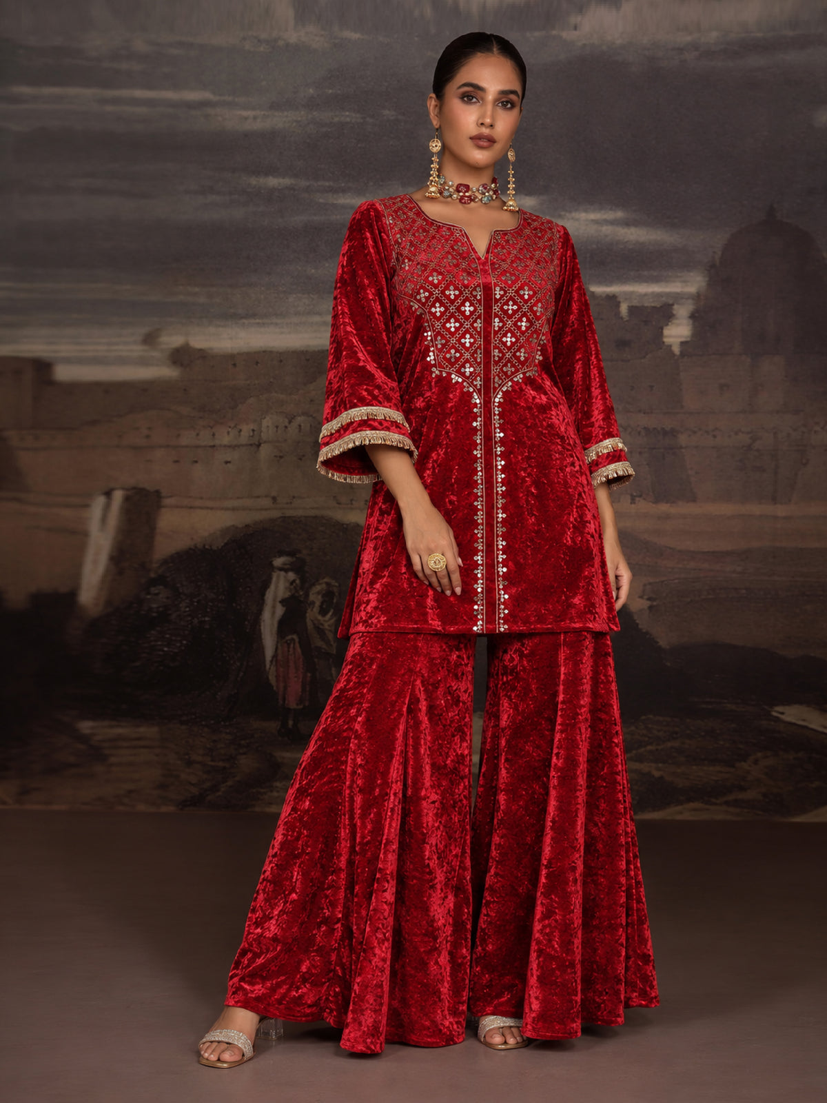 Red Velvet Neck Embroidered Short Kurta With Palazzos-Shae by SASSAFRAS