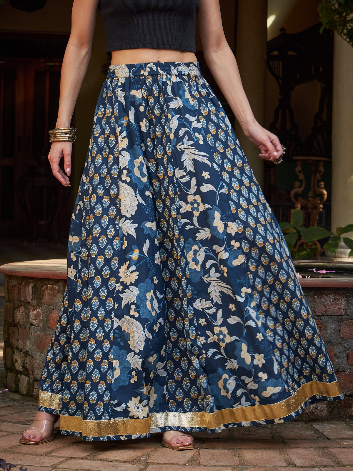 Navy Floral Elasticated Anarkali Skirt -Shae by SASSAFRAS