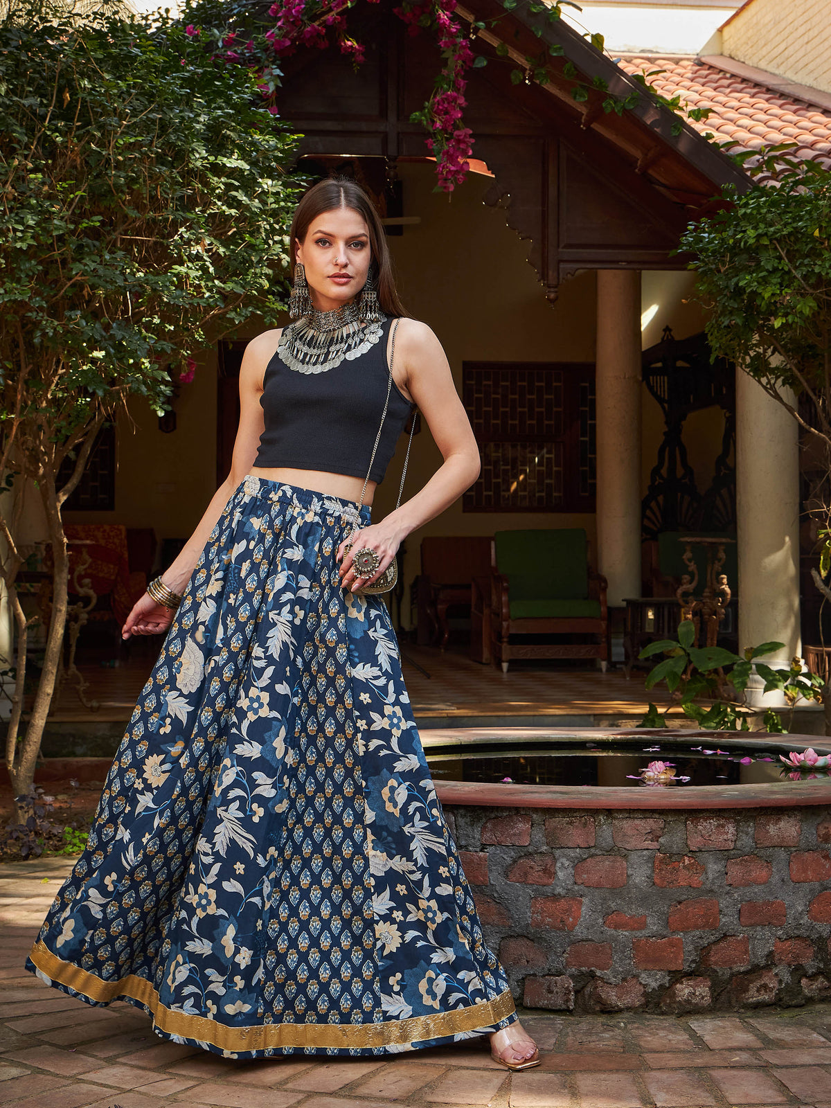 Navy Floral Elasticated Anarkali Skirt -Shae by SASSAFRAS