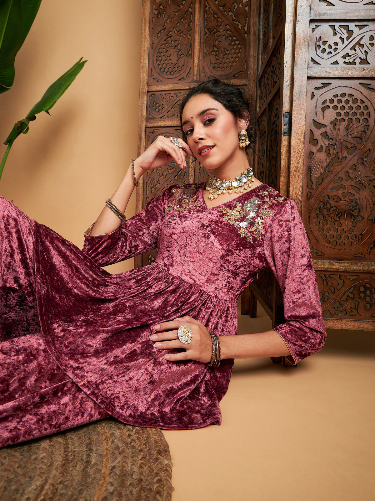Pink Velvet Embroidered Peplum Top-Shae by SASSAFRAS
