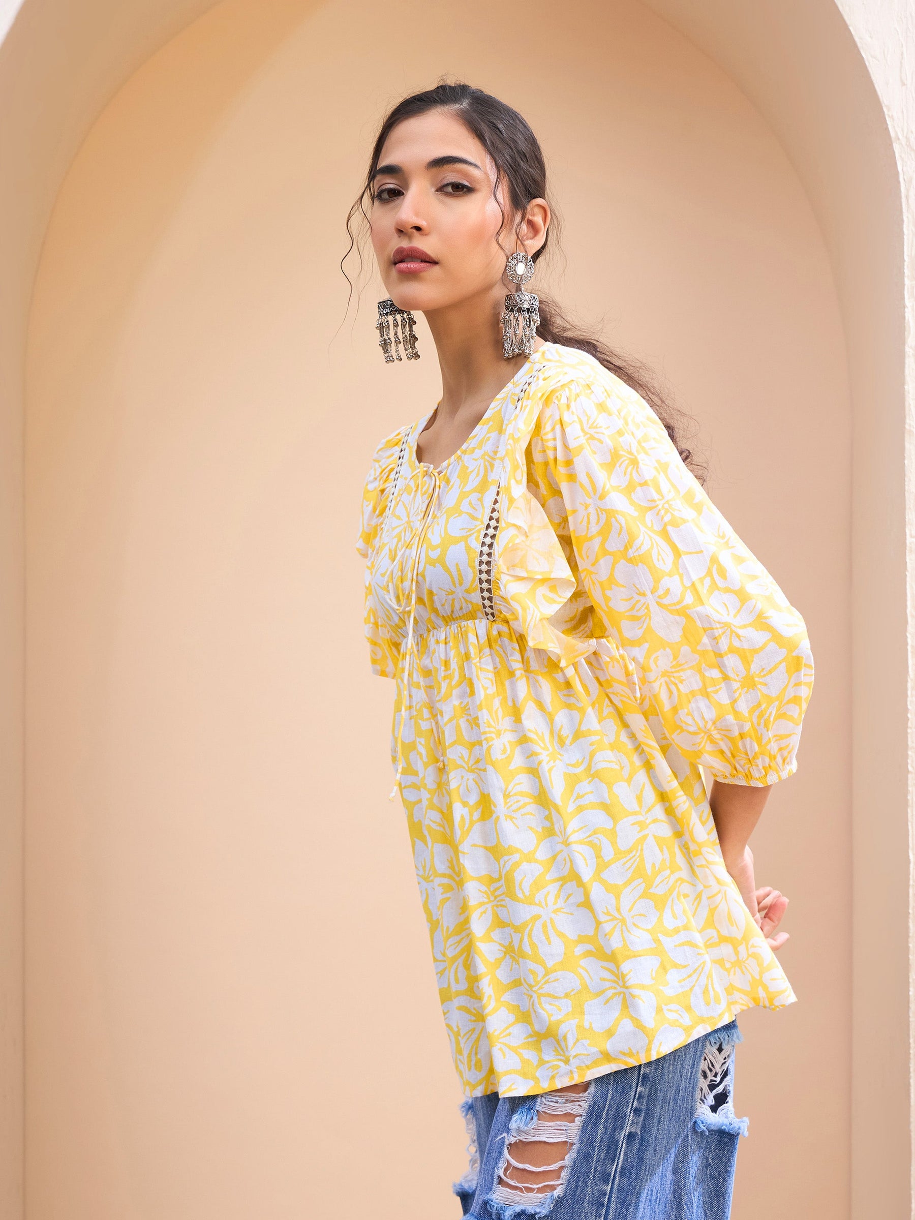 Yellow Floral Cambric Front Frill Kurti-Shae by SASSAFRAS