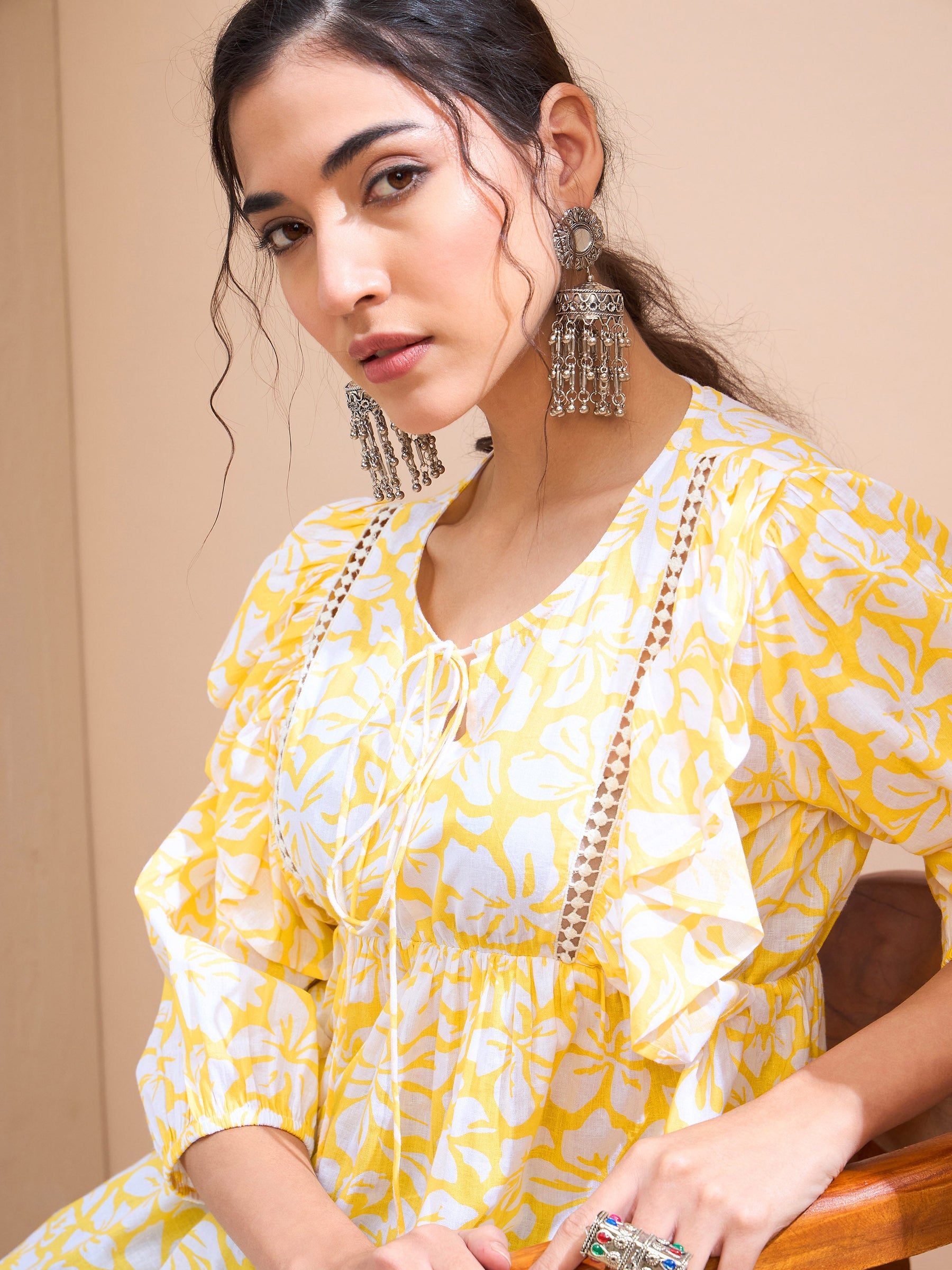 Yellow Floral Cambric Front Frill Kurti-Shae by SASSAFRAS