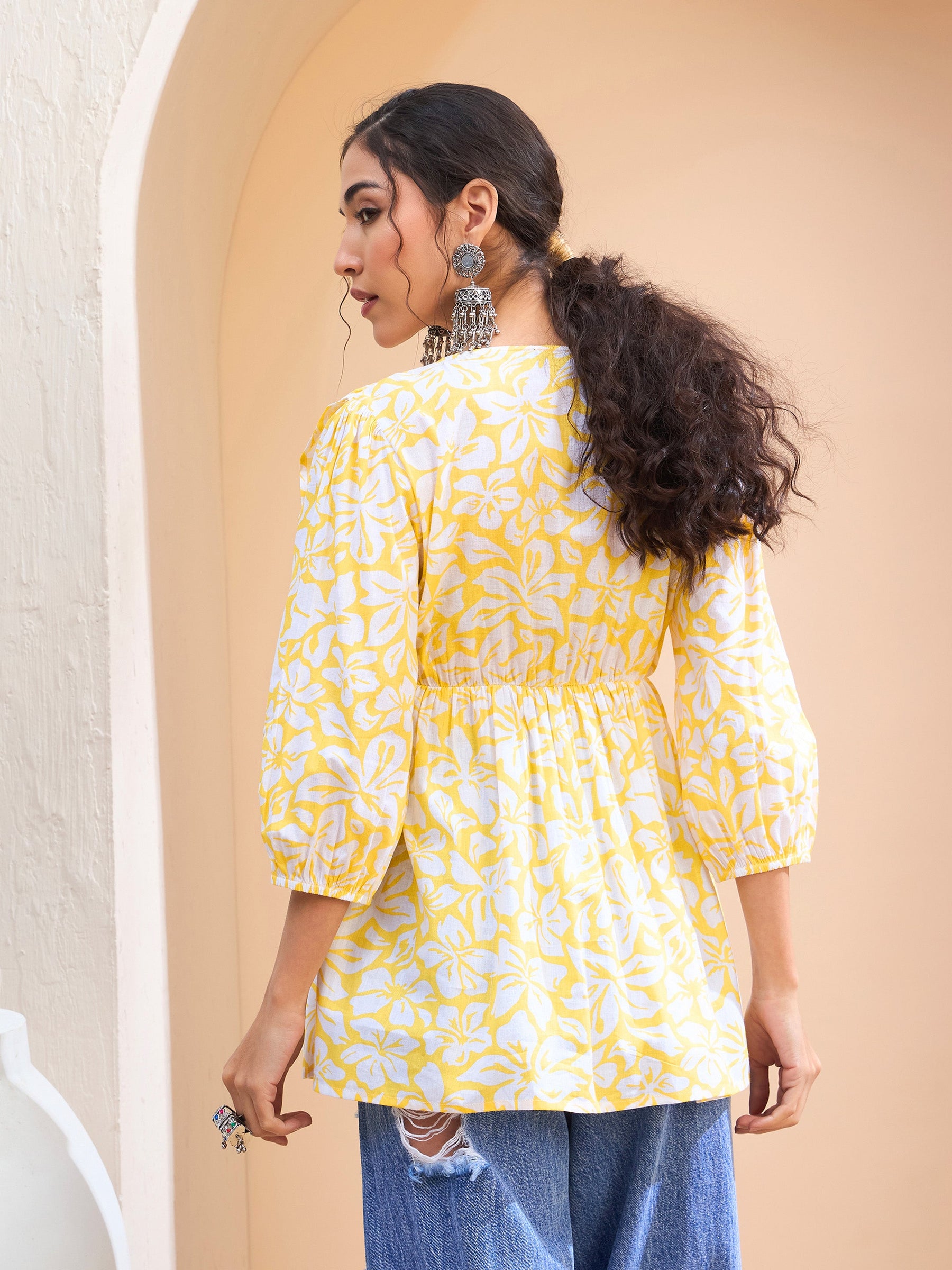 Yellow Floral Cambric Front Frill Kurti-Shae by SASSAFRAS