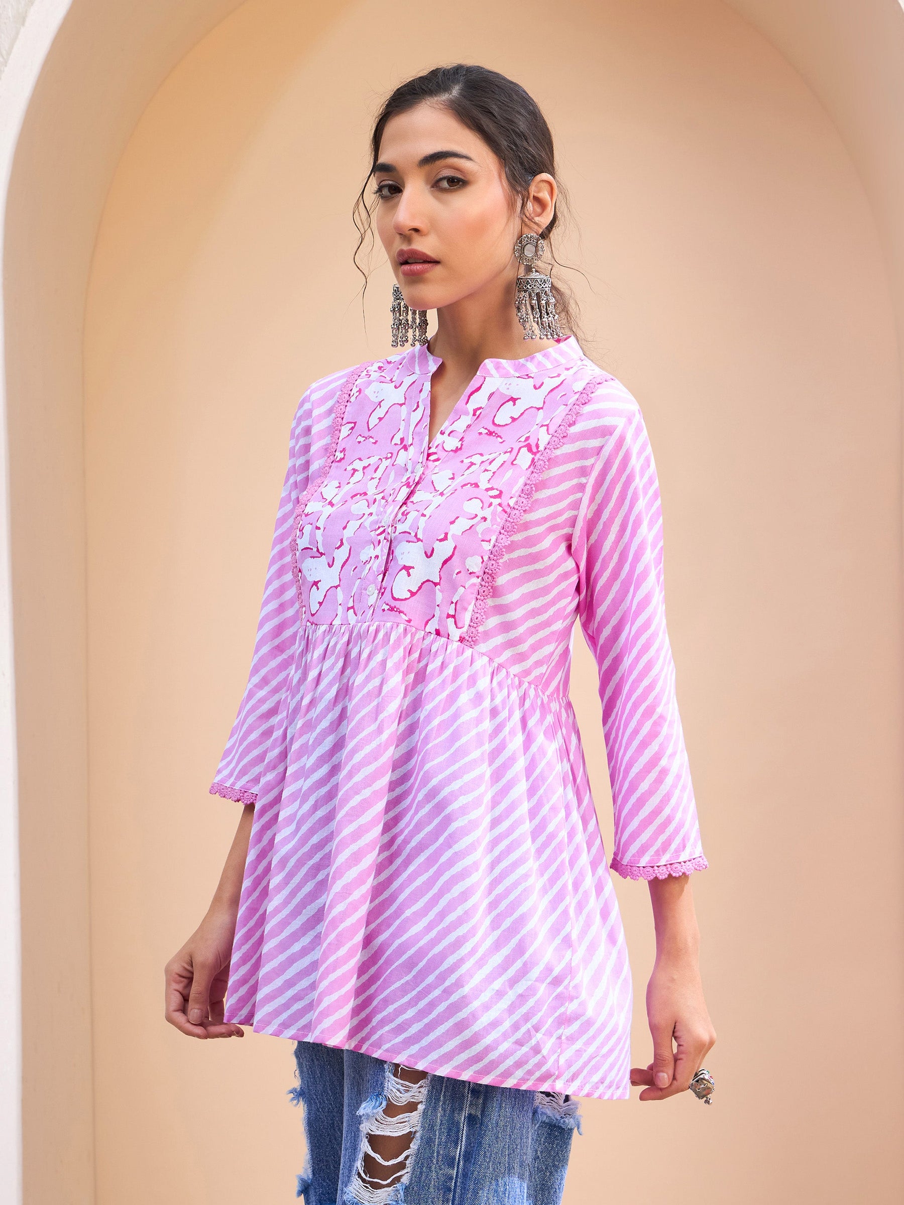 Pink Striped Cambric Front Yoke Peplum Kurti-Shae by SASSAFRAS