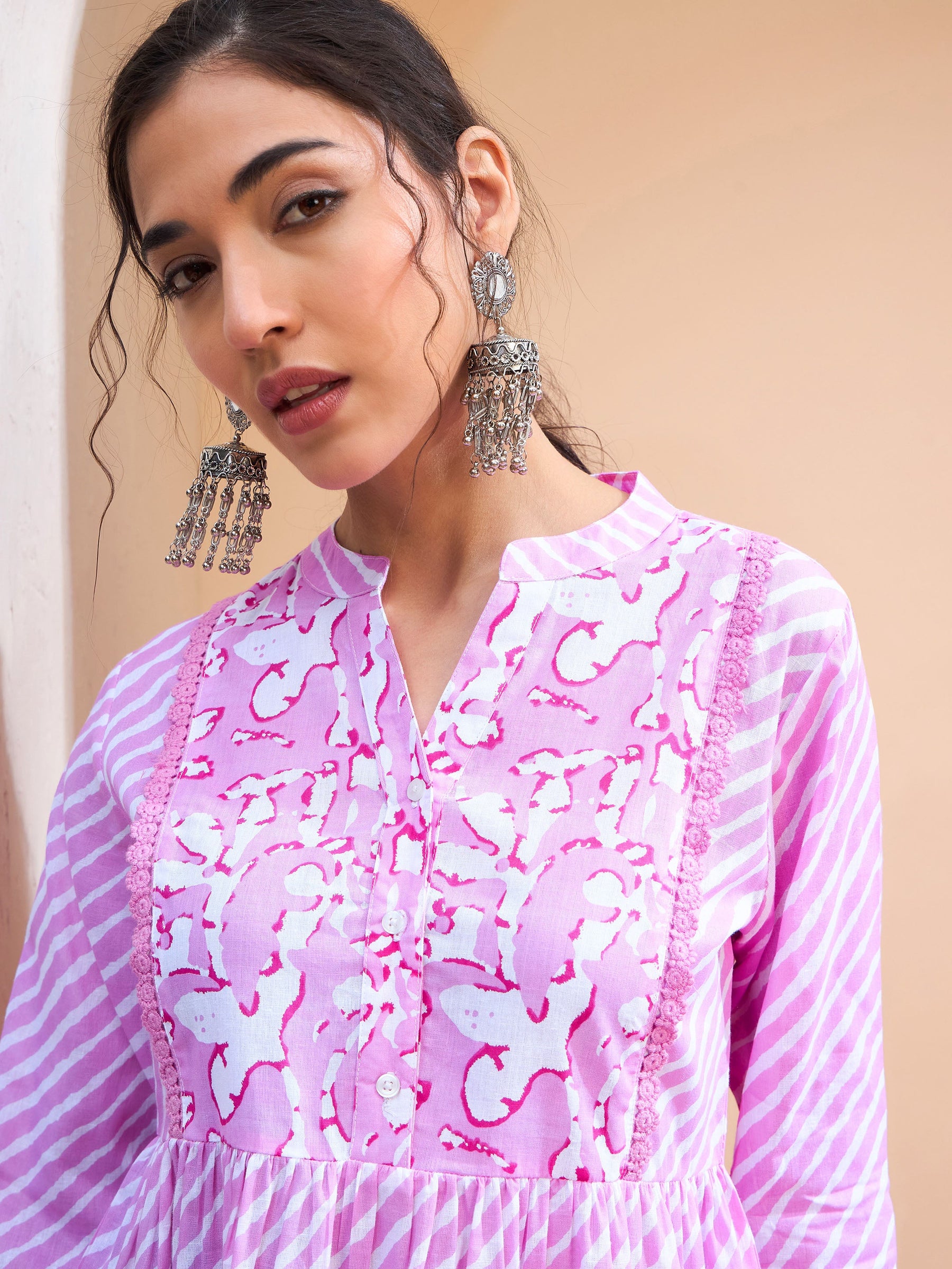 Pink Striped Cambric Front Yoke Peplum Kurti-Shae by SASSAFRAS
