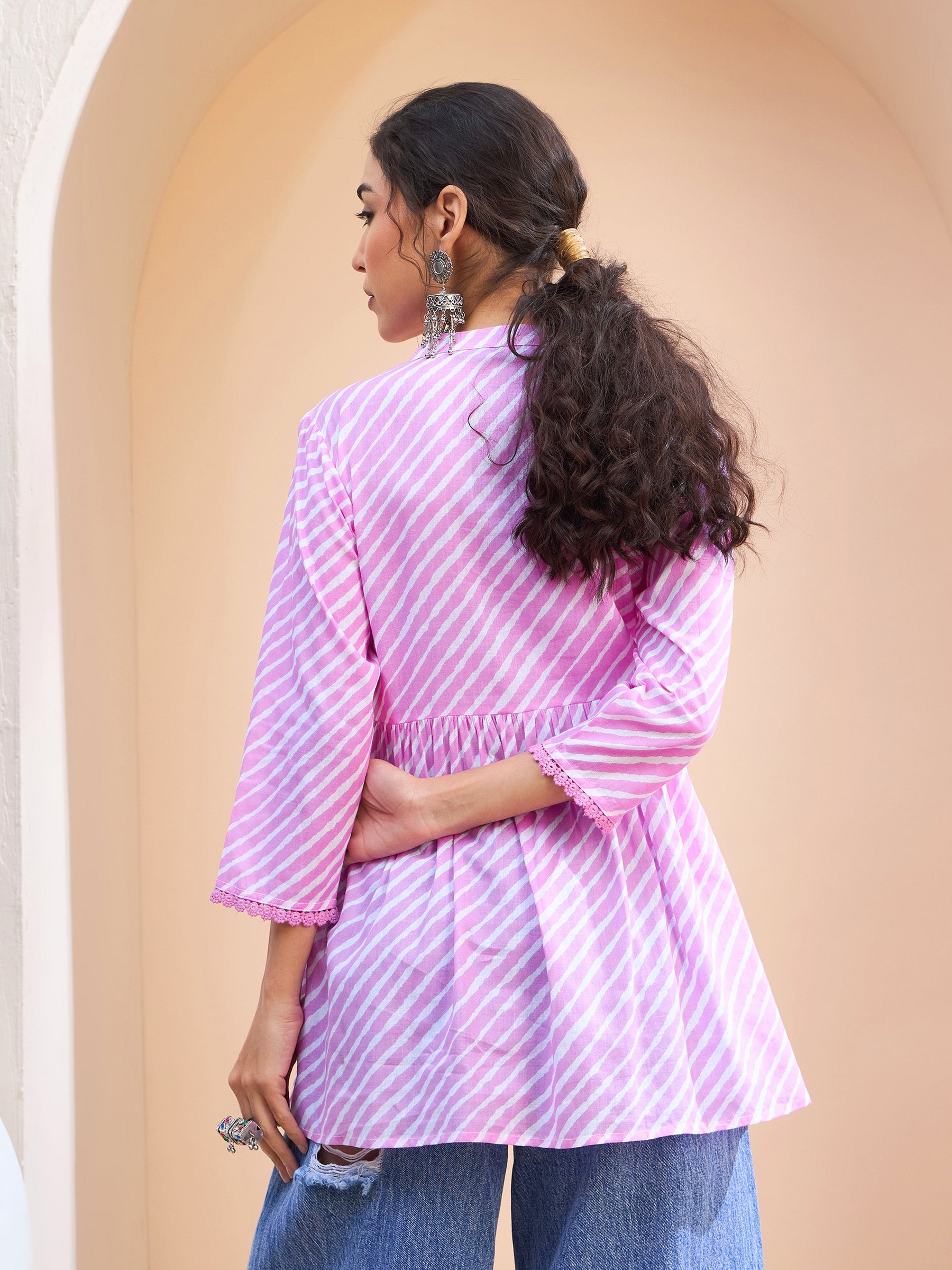 Pink Striped Cambric Front Yoke Peplum Kurti-Shae by SASSAFRAS