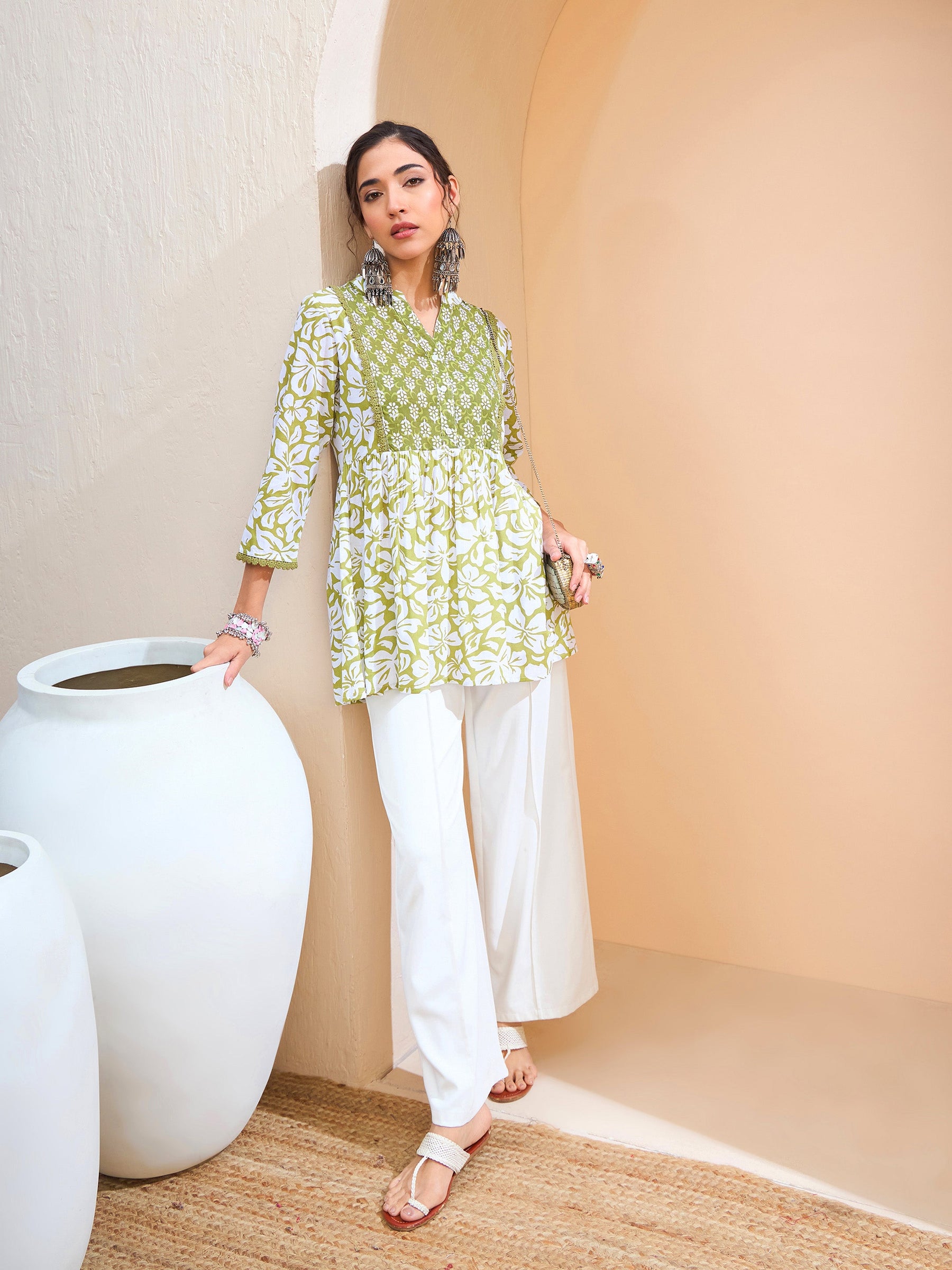 Green Floral Cambric Front Yoke Peplum Kurti -Shae by SASSAFRAS