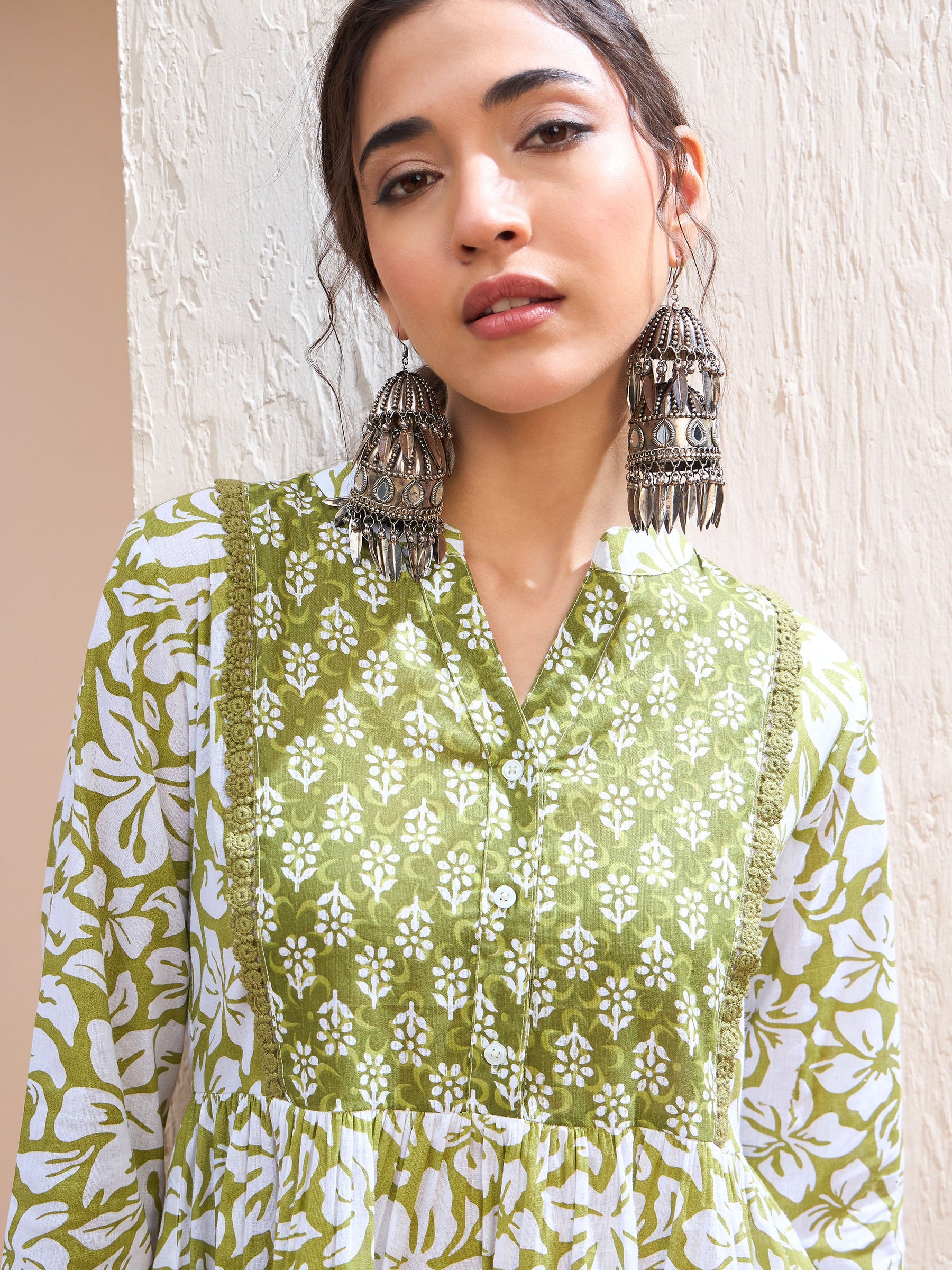 Green Floral Cambric Front Yoke Peplum Kurti -Shae by SASSAFRAS