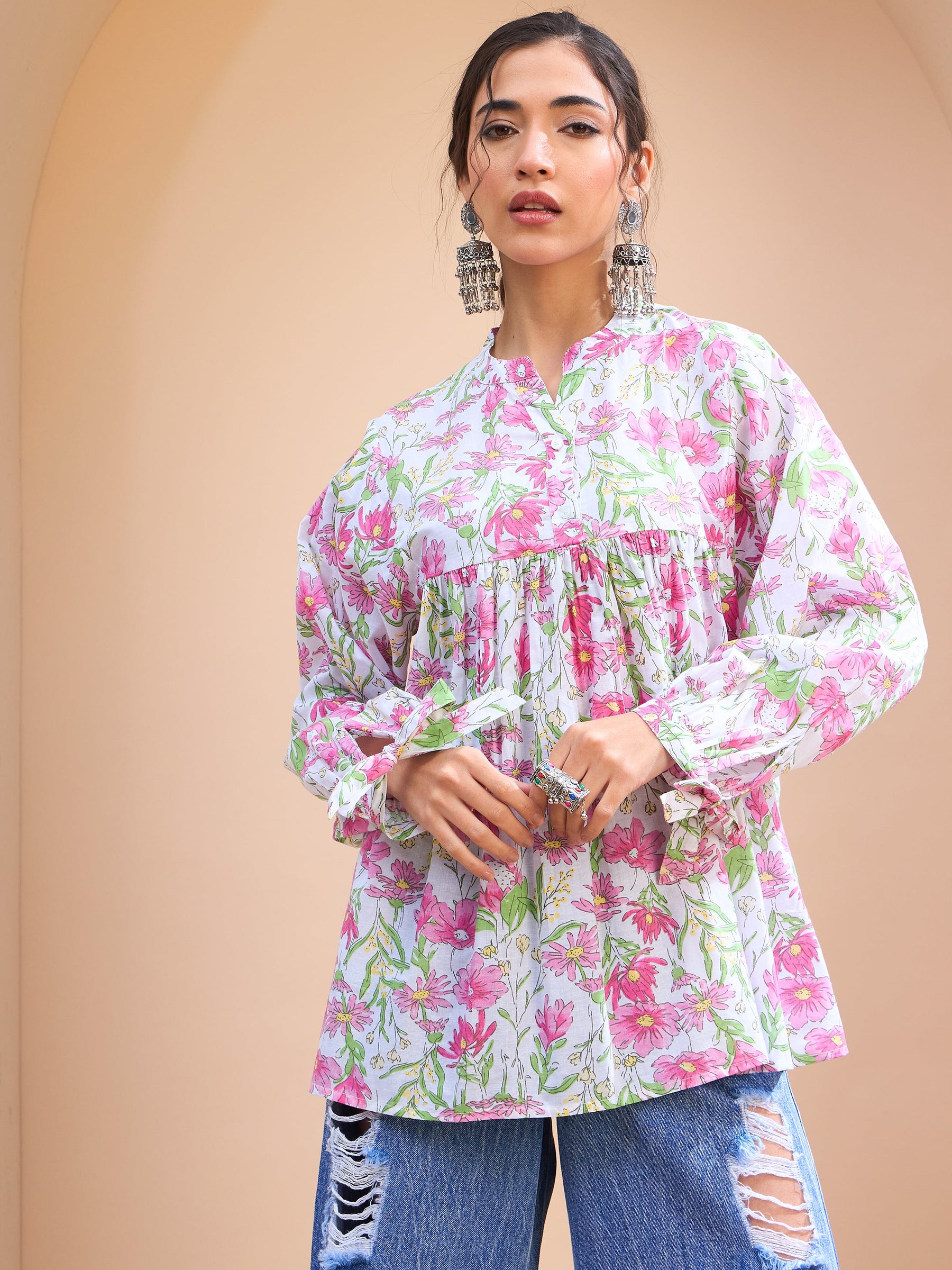White Floral Cambric Sleeves Knot Peplum Kurti -Shae by SASSAFRAS