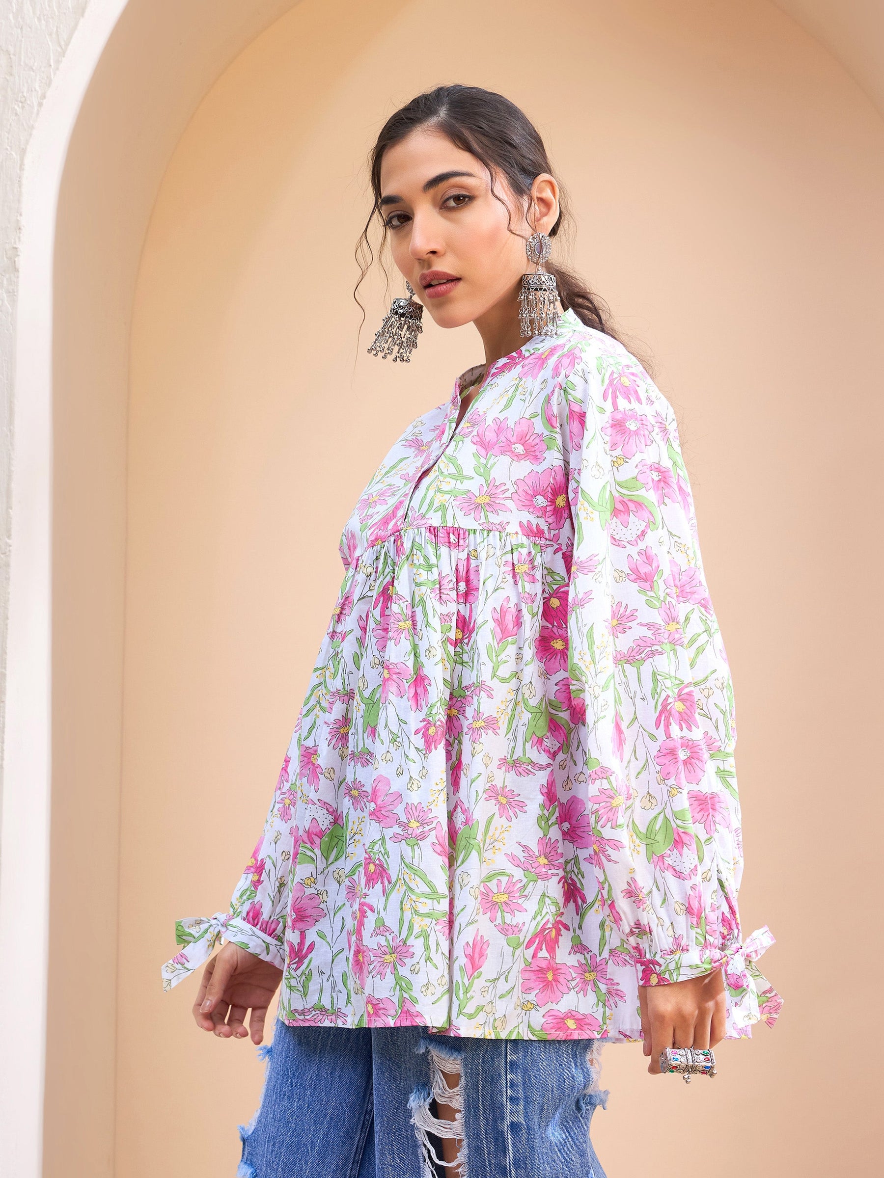 White Floral Cambric Sleeves Knot Peplum Kurti -Shae by SASSAFRAS