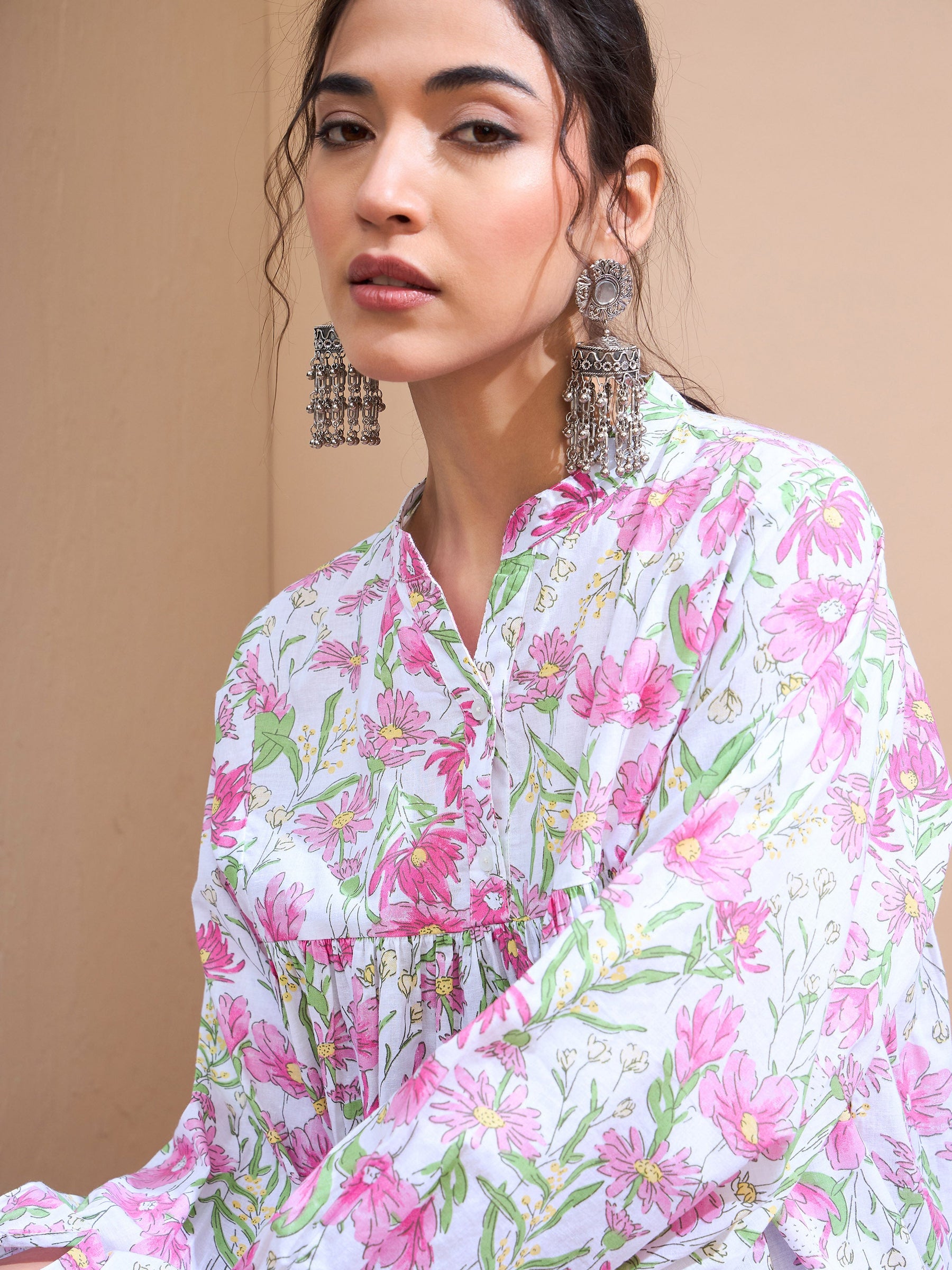 White Floral Cambric Sleeves Knot Peplum Kurti -Shae by SASSAFRAS