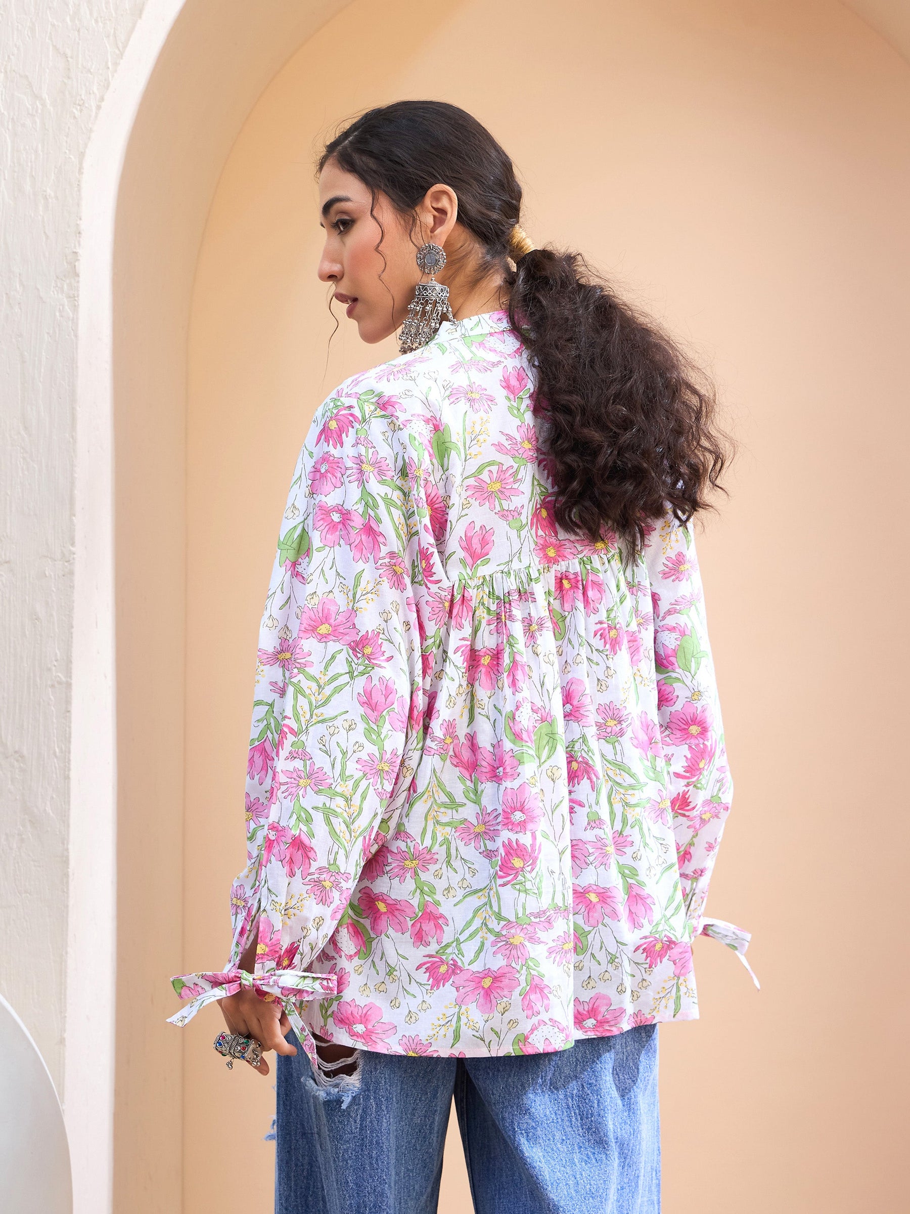 White Floral Cambric Sleeves Knot Peplum Kurti -Shae by SASSAFRAS